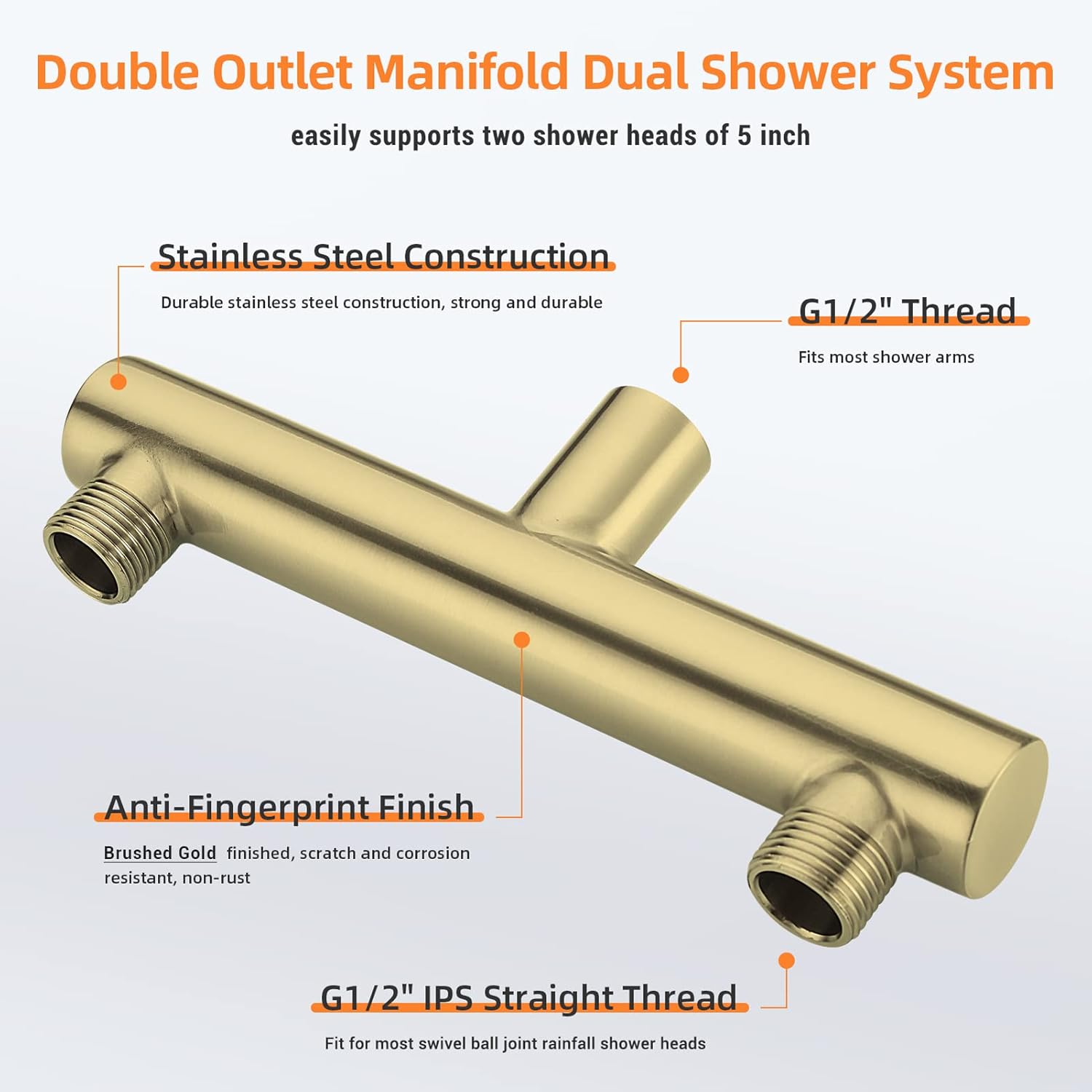 TRUSTMI Double Shower Head Manifold Splitter 2 Way Brushed Gold
