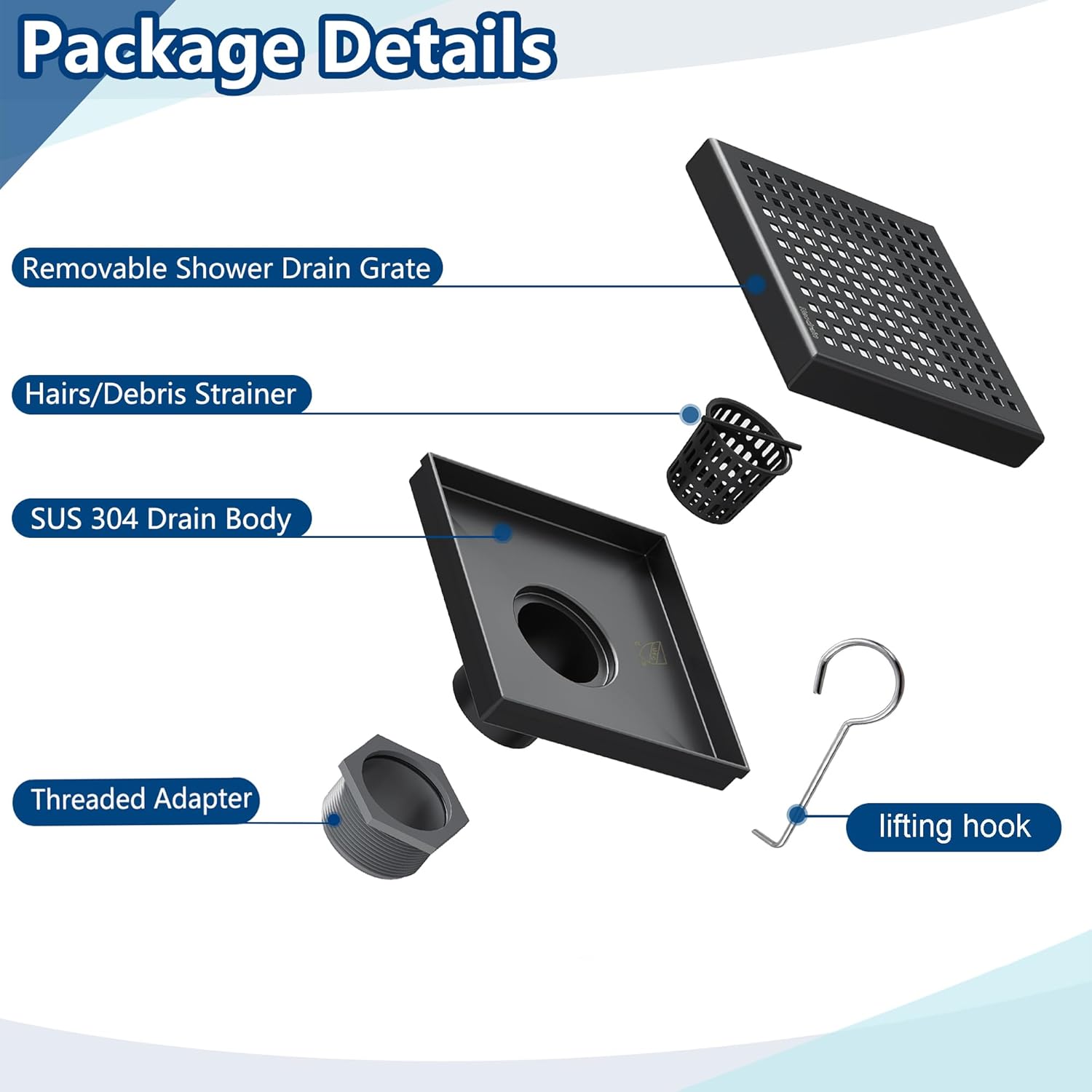 Neodrain 6 Inch Square Shower Drain with Matte Black Grate 1