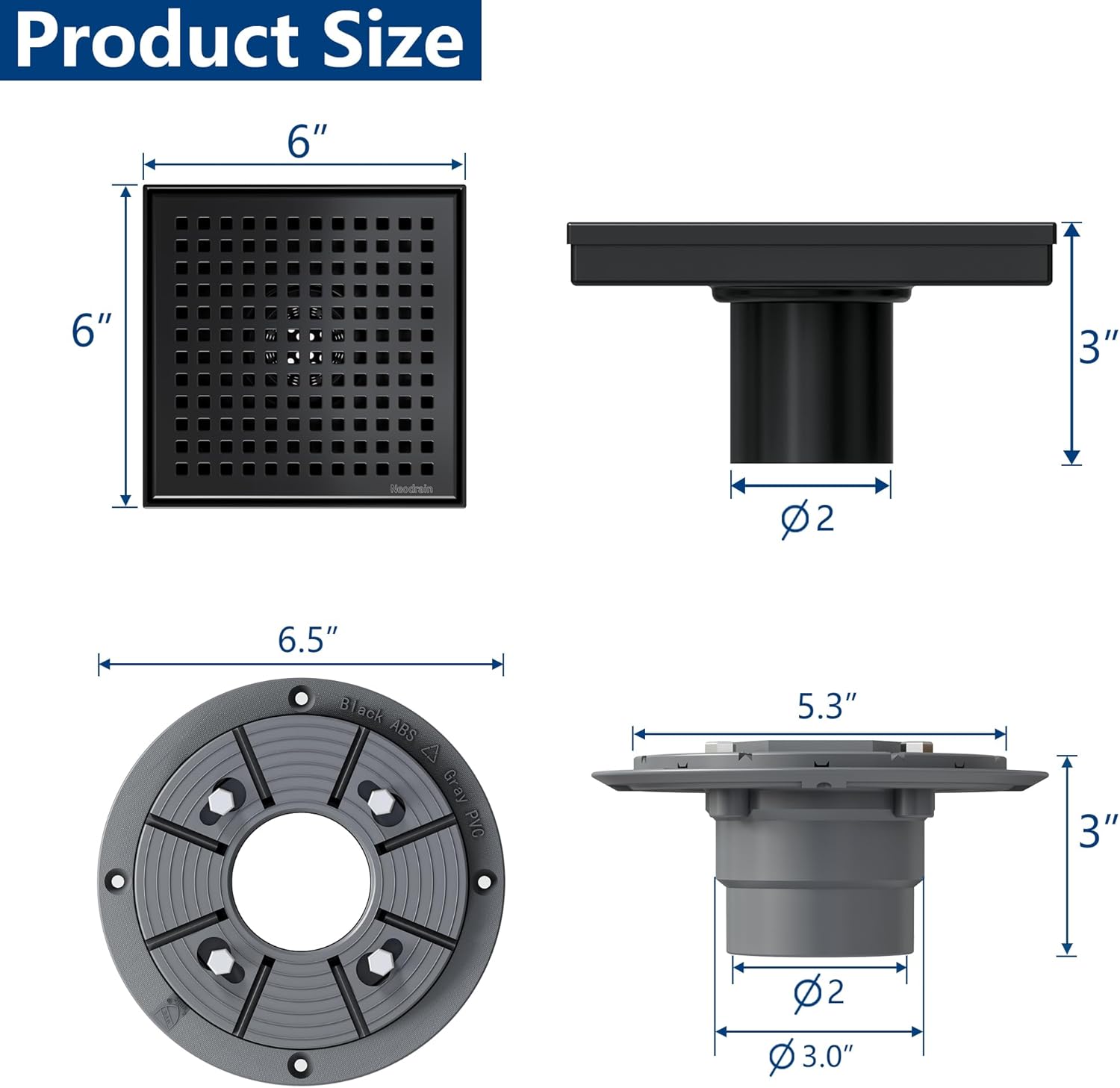 Neodrain 6 Inch Square Shower Drain with Matte Black Grate