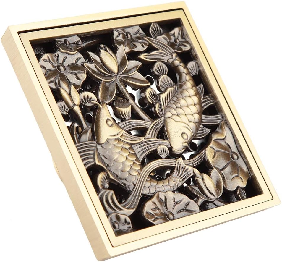 AUNMAS 4 Inch Antique Brass Shower Floor Drain with Fish Lotus Pattern
