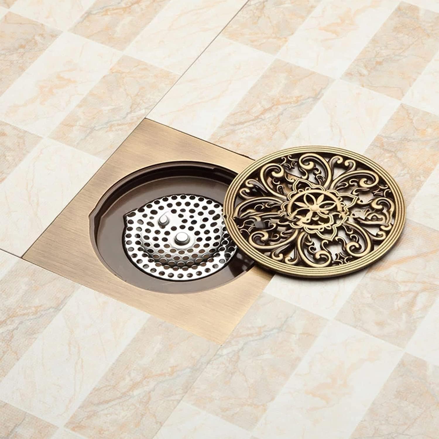 6 Inch Antique Brass Floor Drain with Quadrato Pattern
