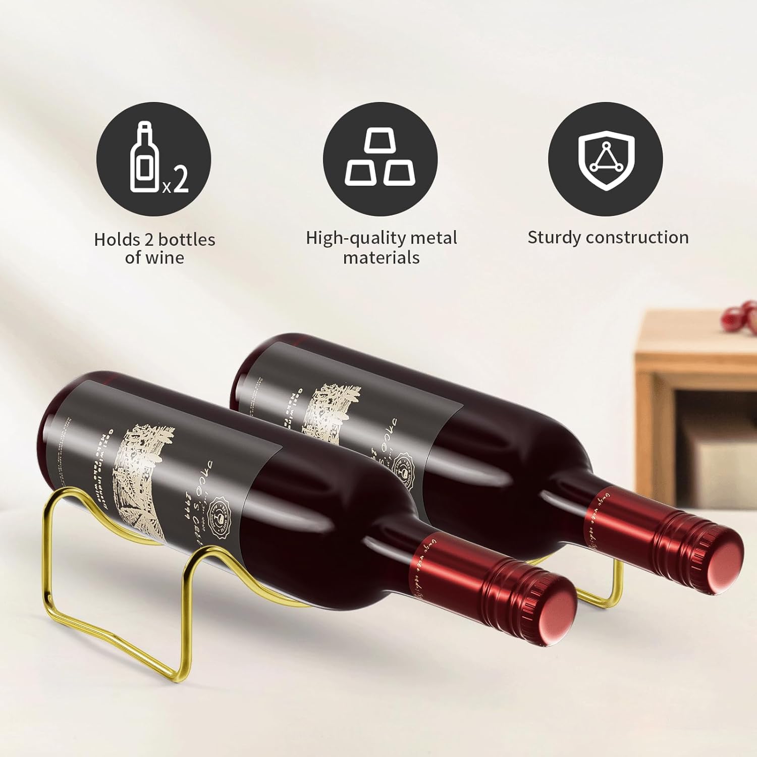 TONLEA 2-Bottle Wine Rack Metal Wine Holder Gold Finish