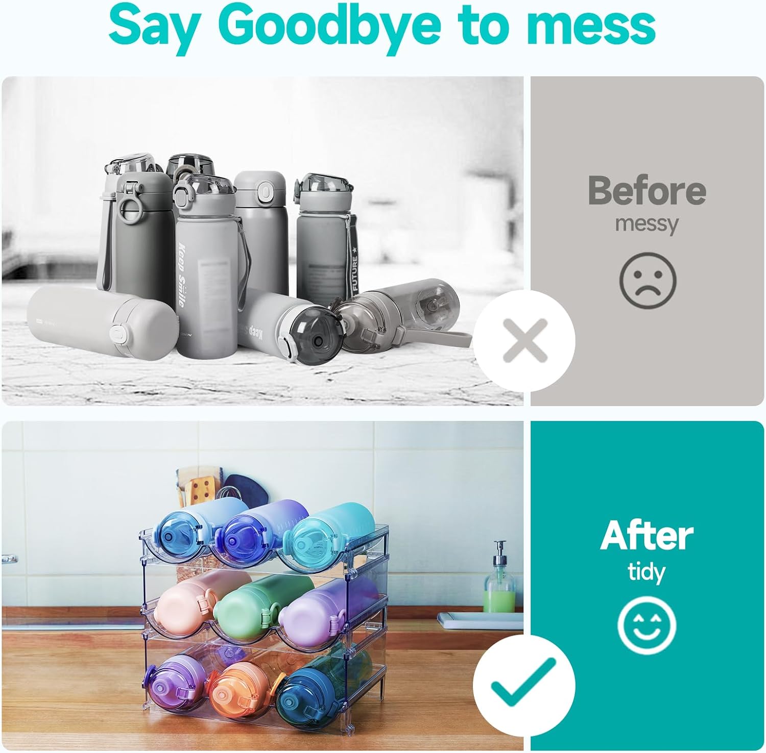 3 Pack Stackable Water Bottle Storage Rack for Kitchen Fridge