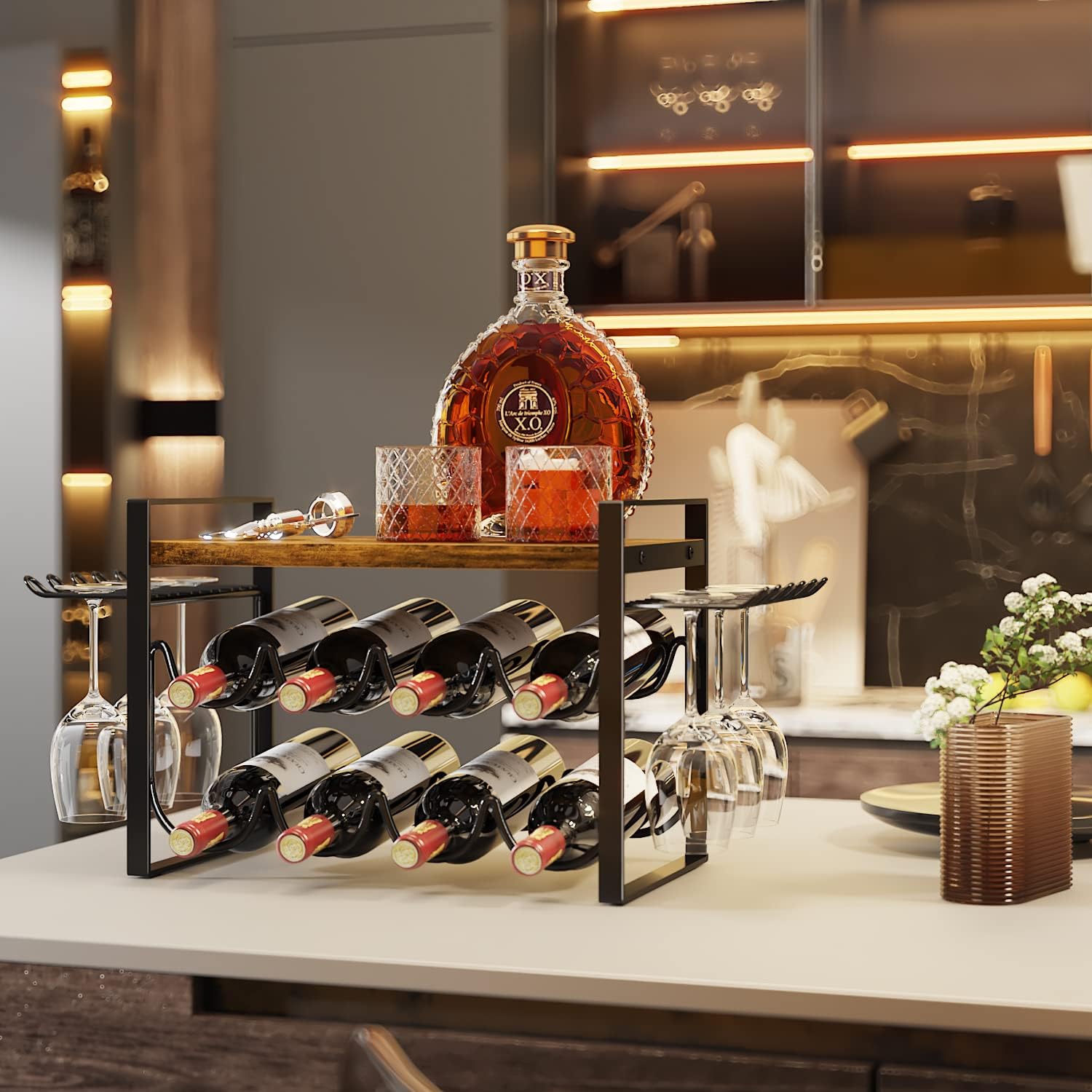 JAFUSI 8-Bottle Wine Rack with Wood Tray and Glasses Hooks