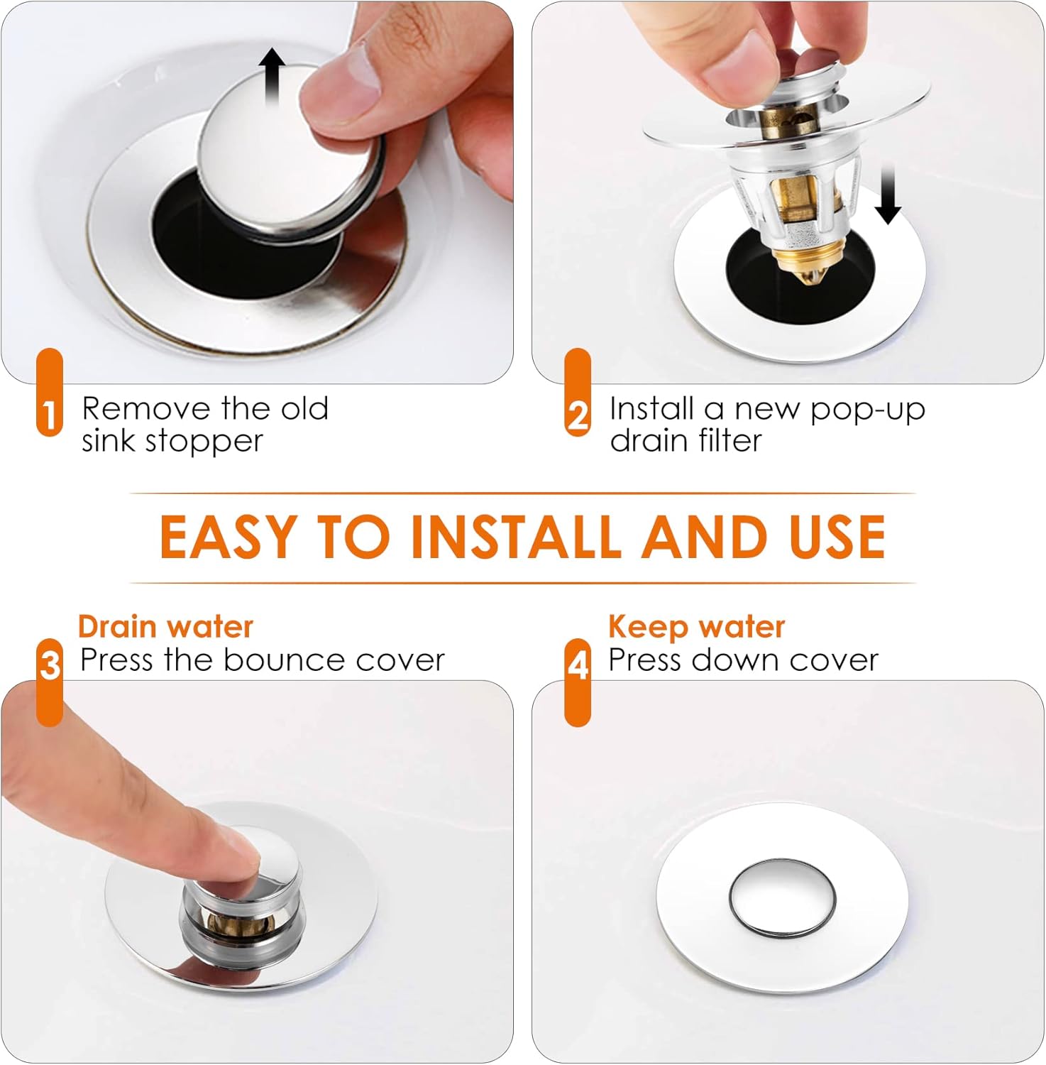 Drifop Universal Sink Stopper with Hair Catcher 11-15 Inch Drain Silver