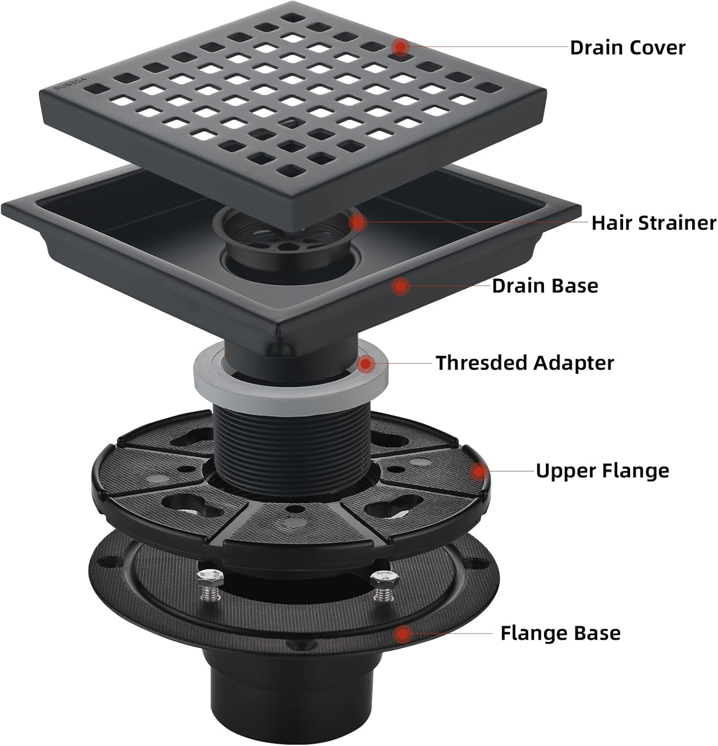 6 Inch Square Shower Drain with Flange and Hair Strainer