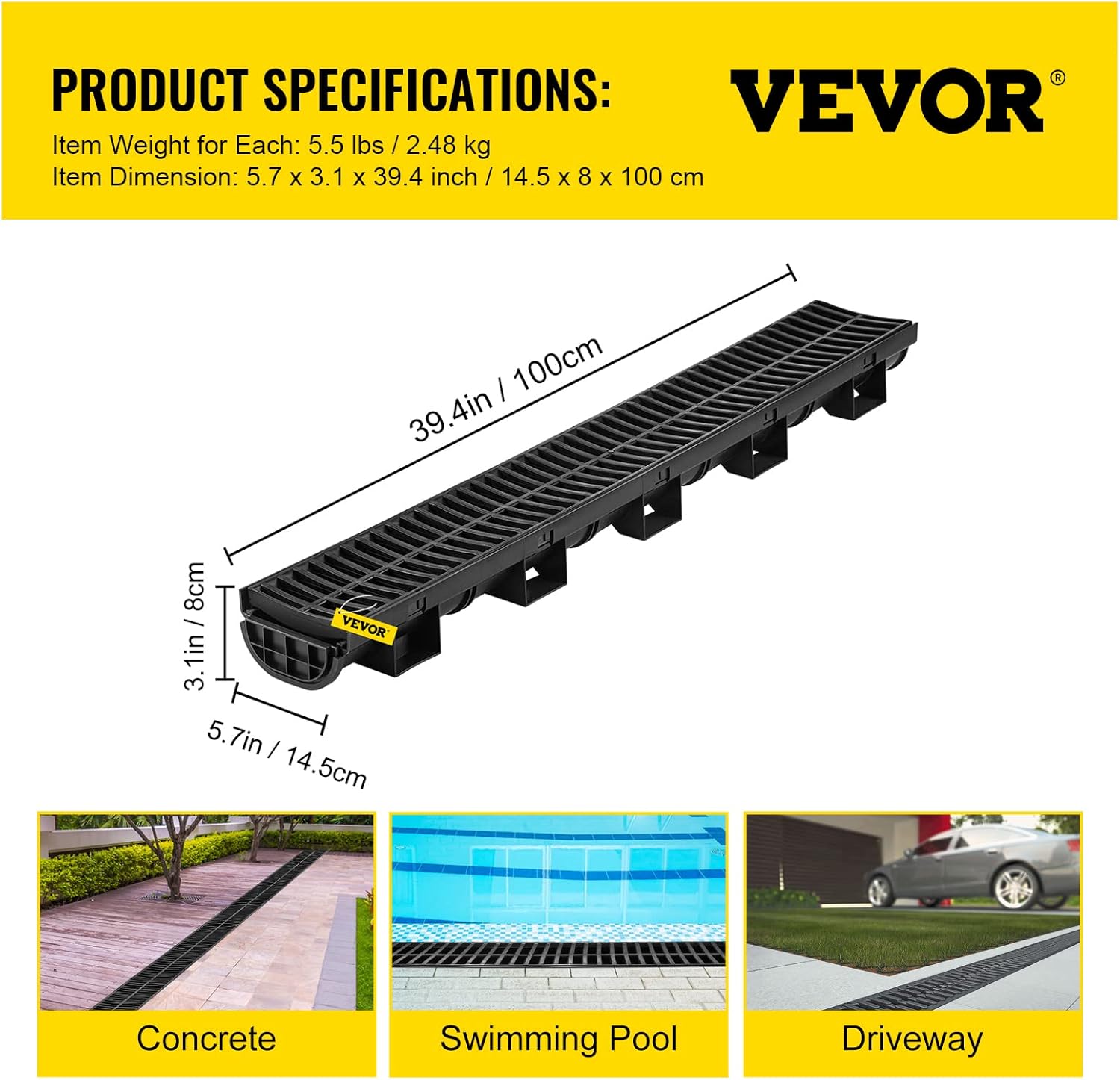 VEVOR HDPE Trench Drain System 57x31-Inch Black 5-Pack