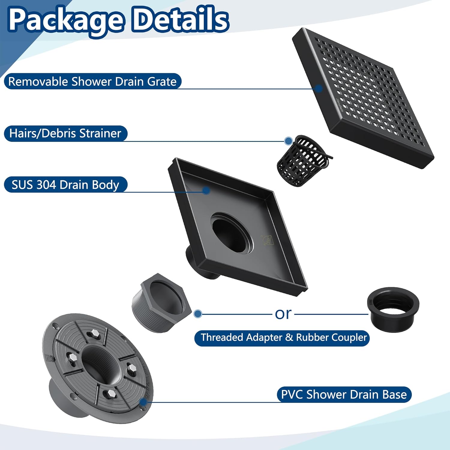 Neodrain 6 Inch Square Shower Drain with Matte Black Grate