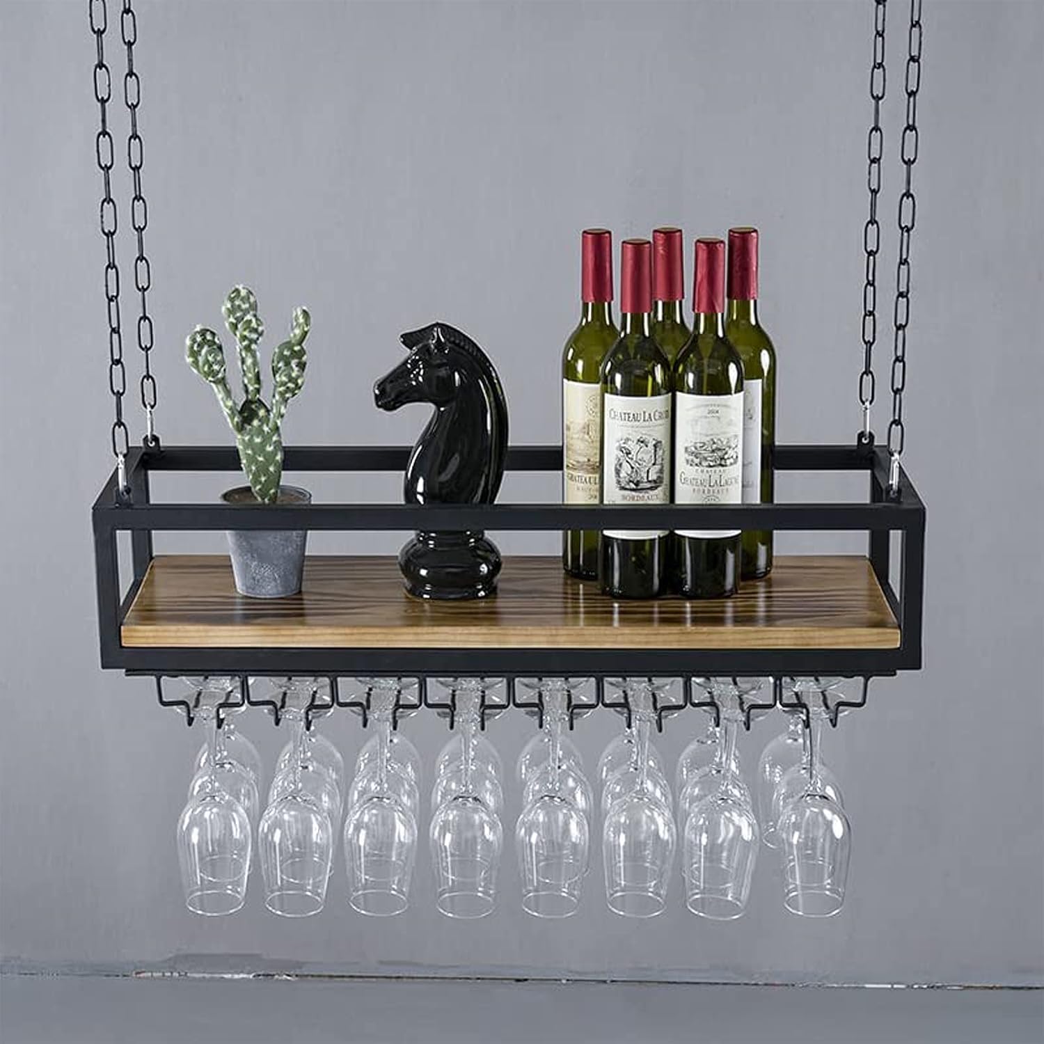 Ceiling Hanging Wine Rack with Wood Shelf and Metal Frame