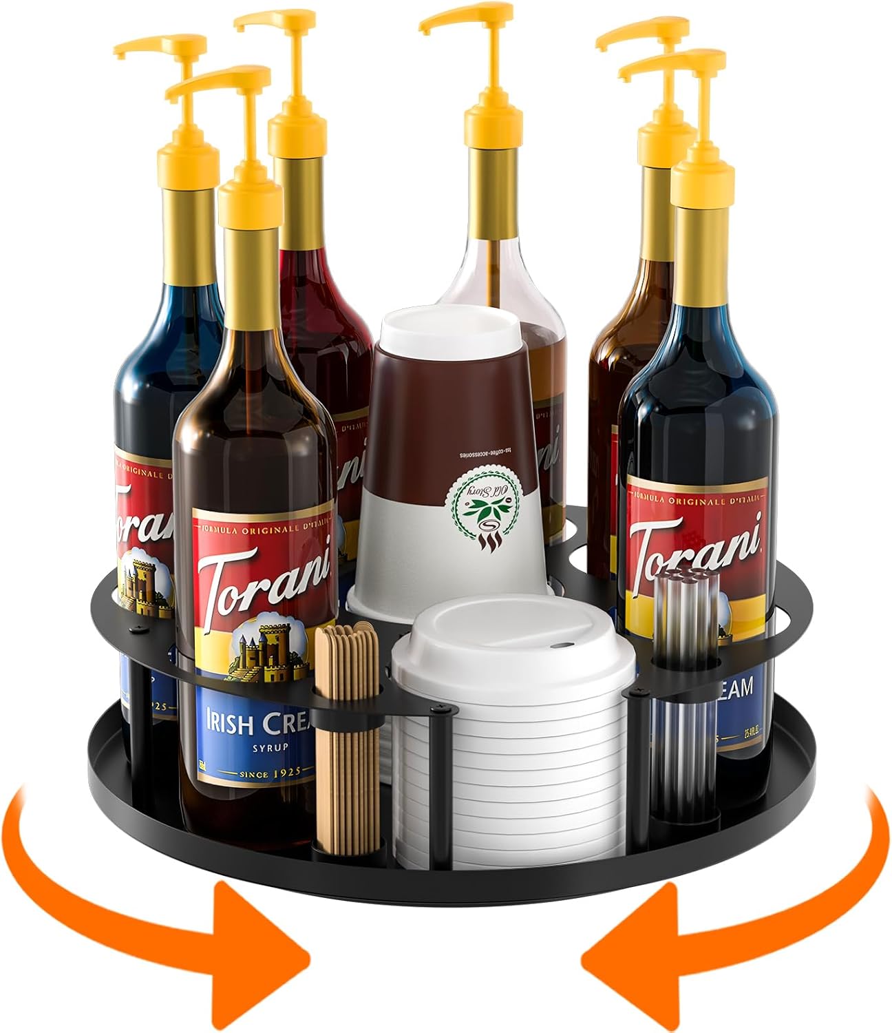 Coffee Syrup Organizer 8 Bottles with Rotating Holder and Stirrers