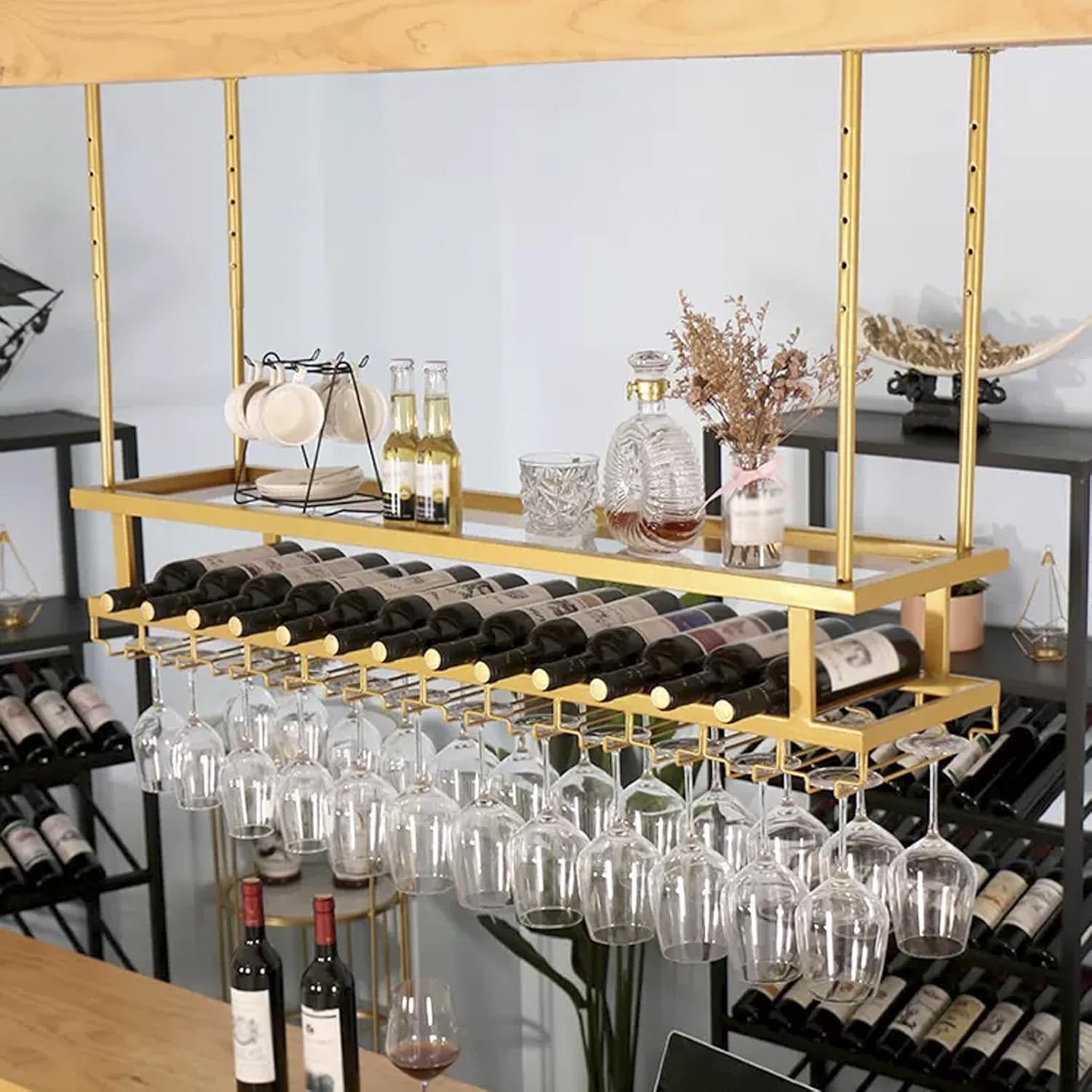 Whalebee Metal Wine Glass Ceiling Rack with 2 Tiers