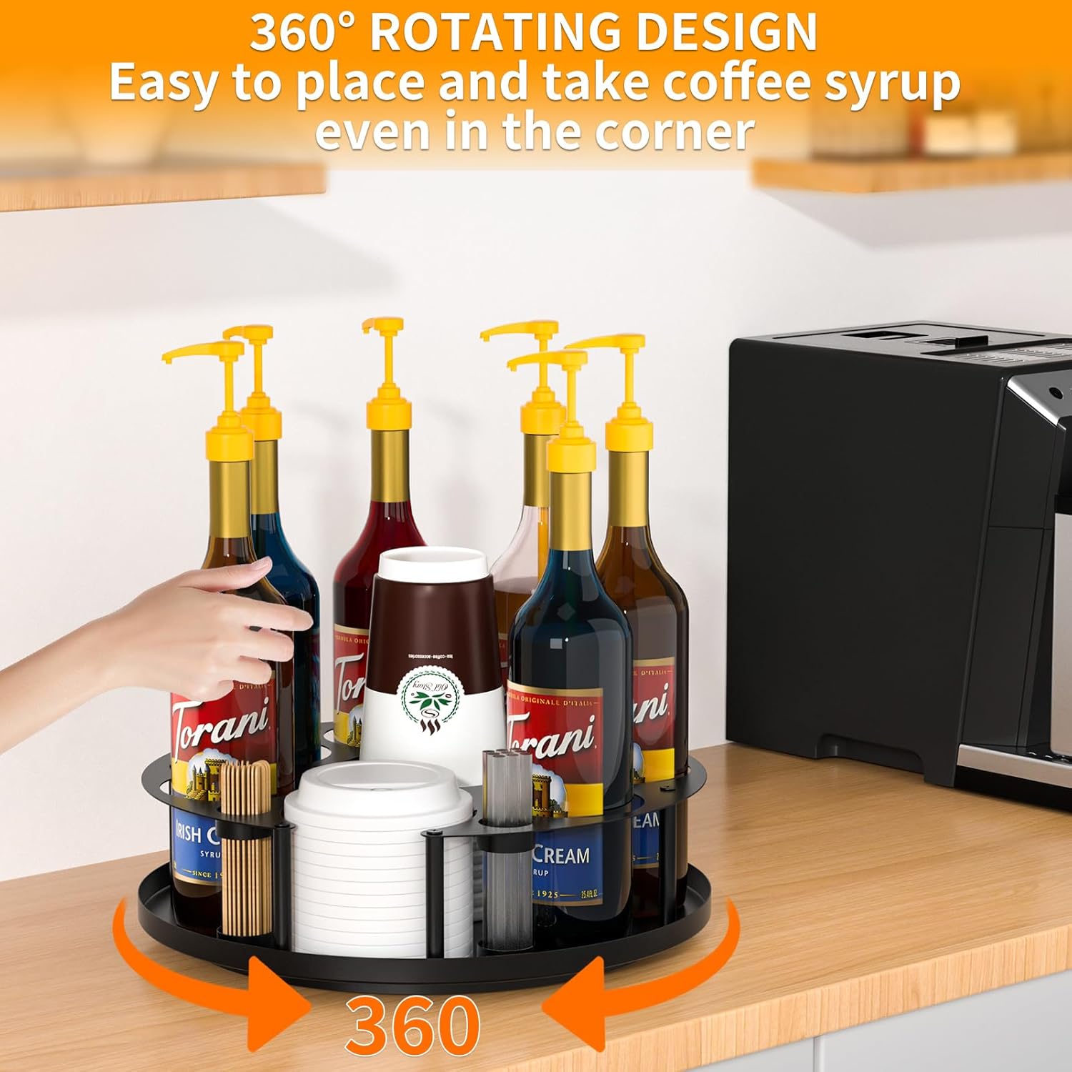 Coffee Syrup Organizer 8 Bottles with Rotating Holder and Stirrers