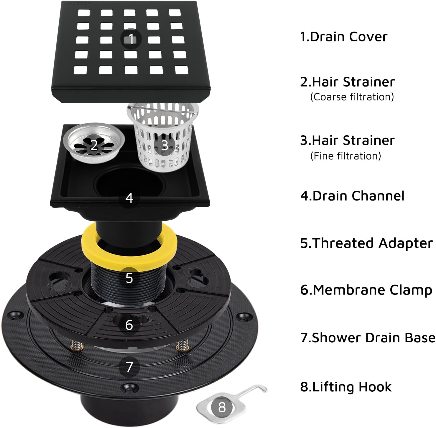 Heaorld Square Shower Drain 4 Inch Matte Black