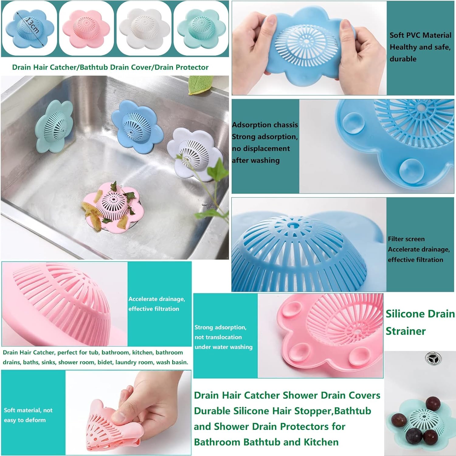 Wild Tribe 4 Pack Drain Strainer with Suction Cups Hair Catchers