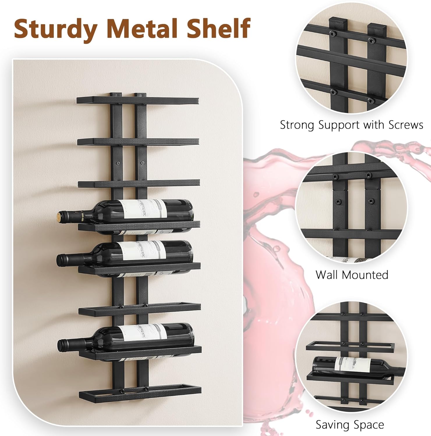 Hoctieon 3-Set 8 Tier Wall Wine Rack Display Storage Black
