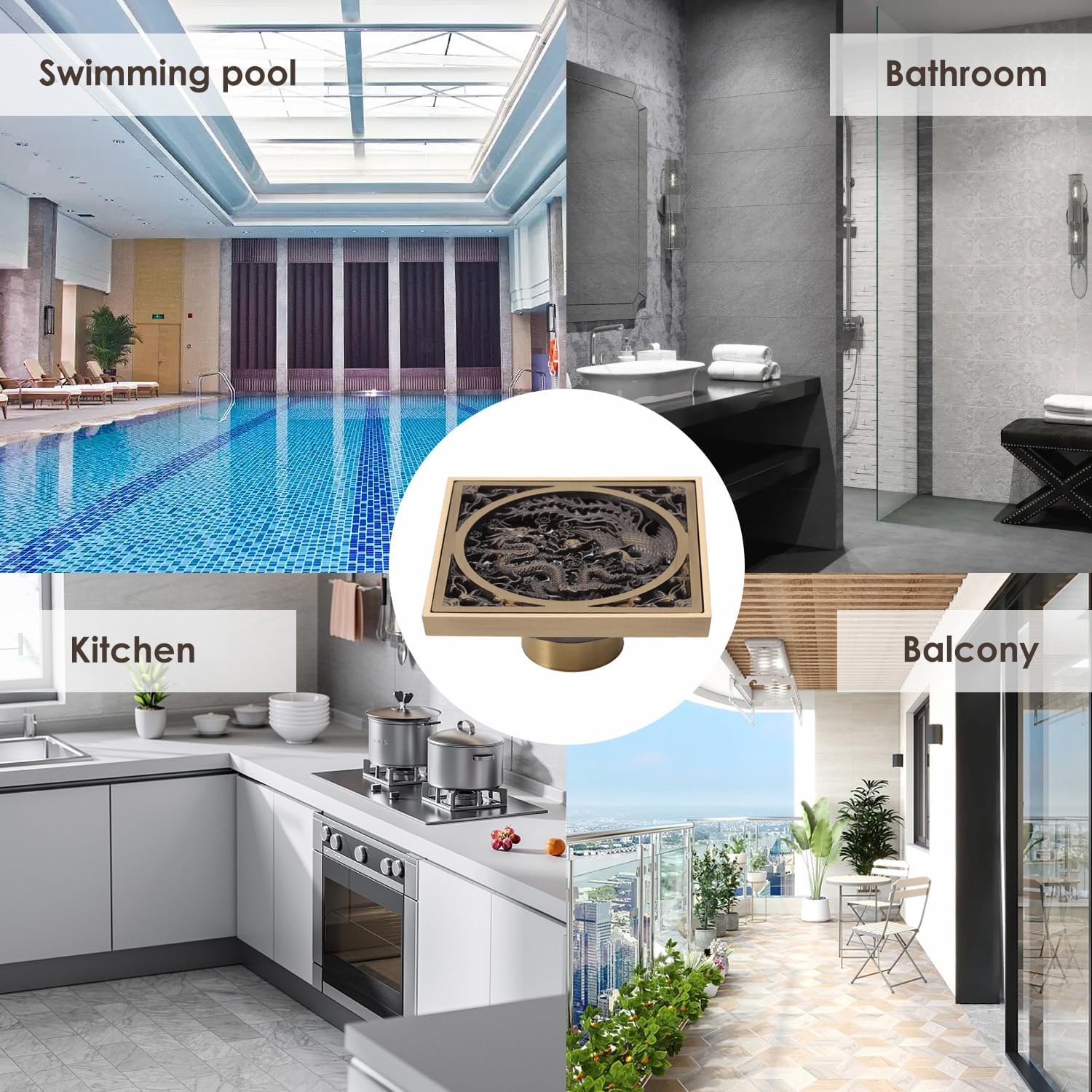 Tissting 43x43in Stainless Steel Copper Floor Drain with Dragon Phoenix Relief Design