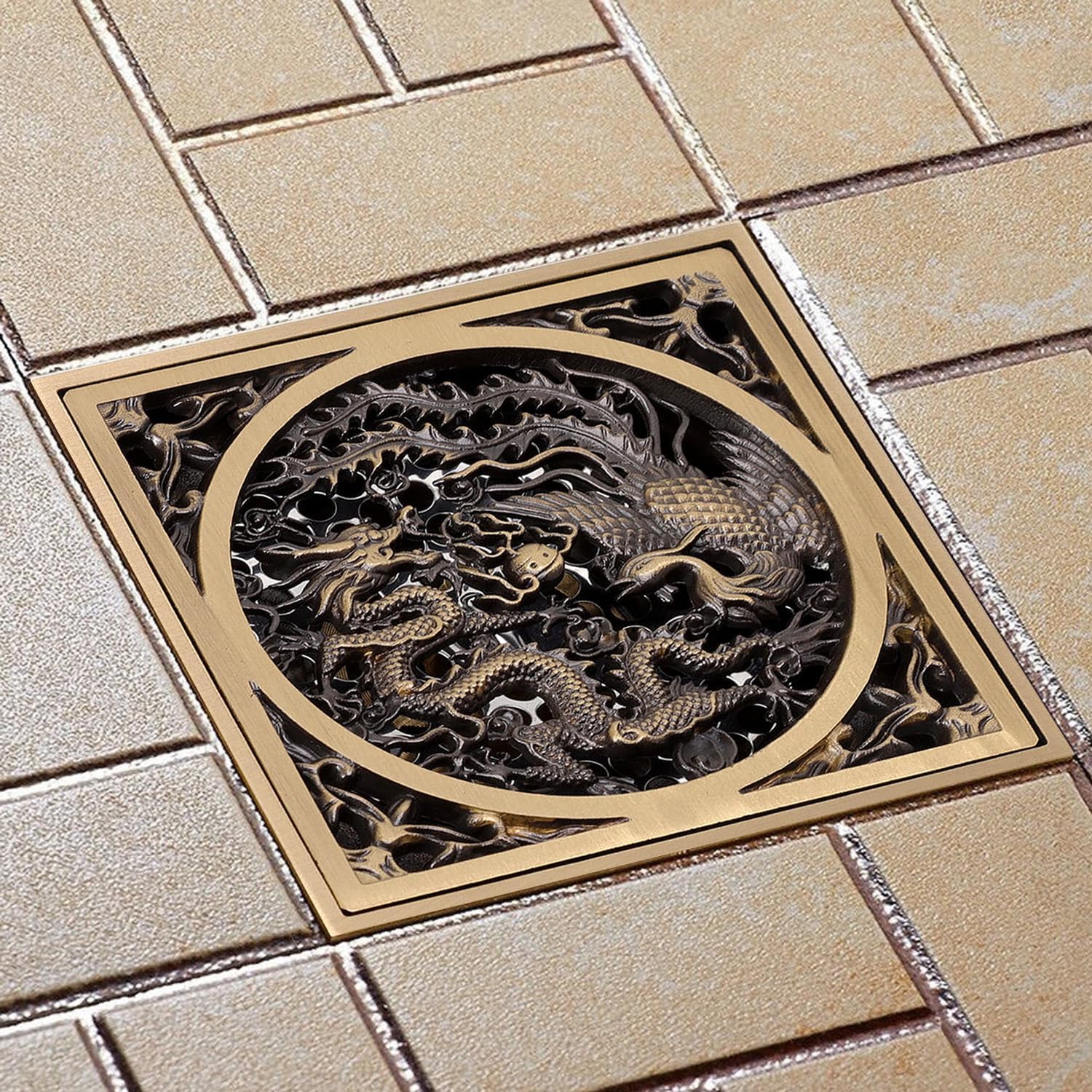 Tissting 43x43in Stainless Steel Copper Floor Drain with Dragon Phoenix Relief Design