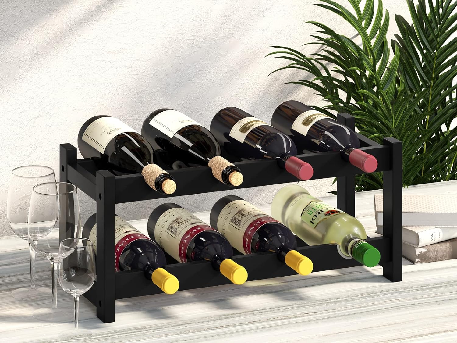 BAMEOS Freestanding 8 Bottle Bamboo Wine Rack 2 Tier
