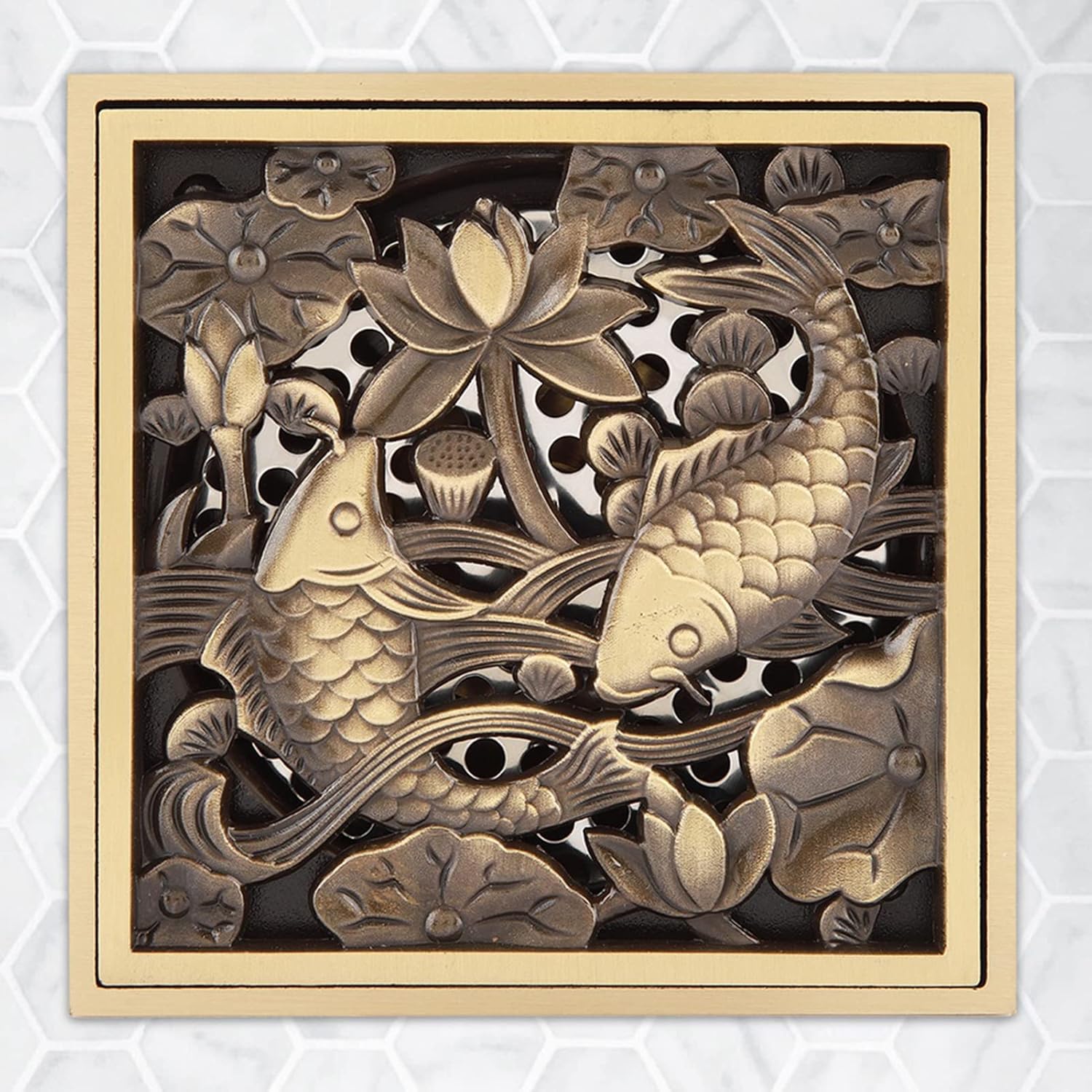 AUNMAS 4 Inch Antique Brass Shower Floor Drain with Fish Lotus Pattern