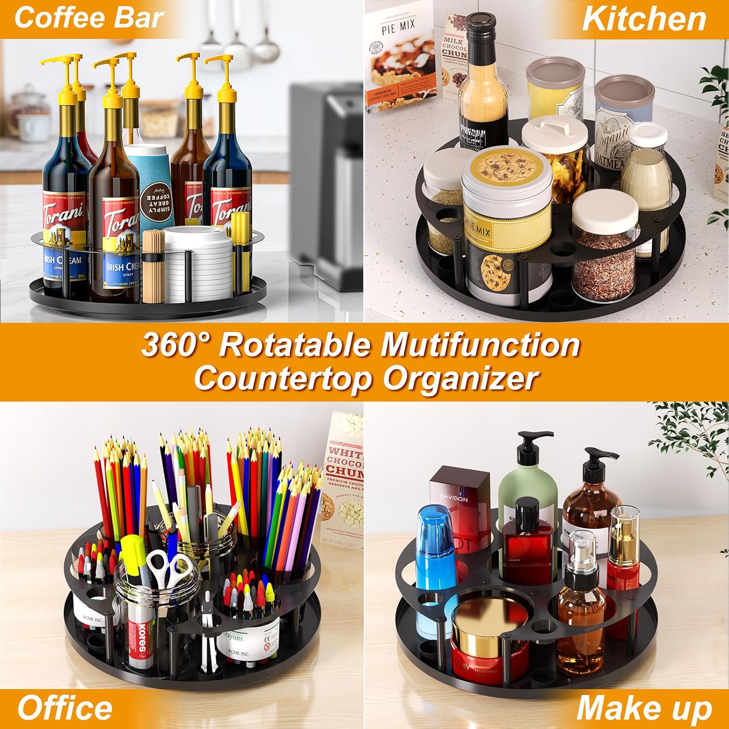 Coffee Syrup Organizer 8 Bottles with Rotating Holder and Stirrers