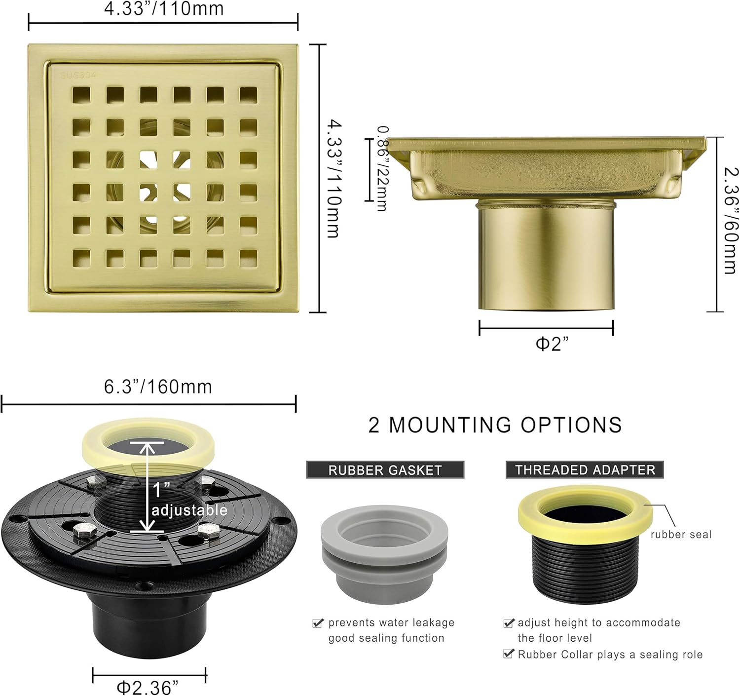 4 Inch Brushed Gold Shower Drain with Adjustable Base Flange