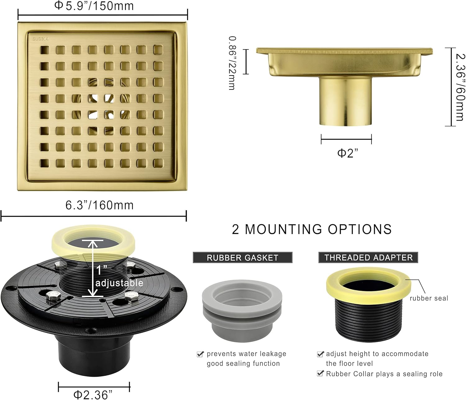 6 Square Stainless Steel Shower Drain with Brushed Gold Finish