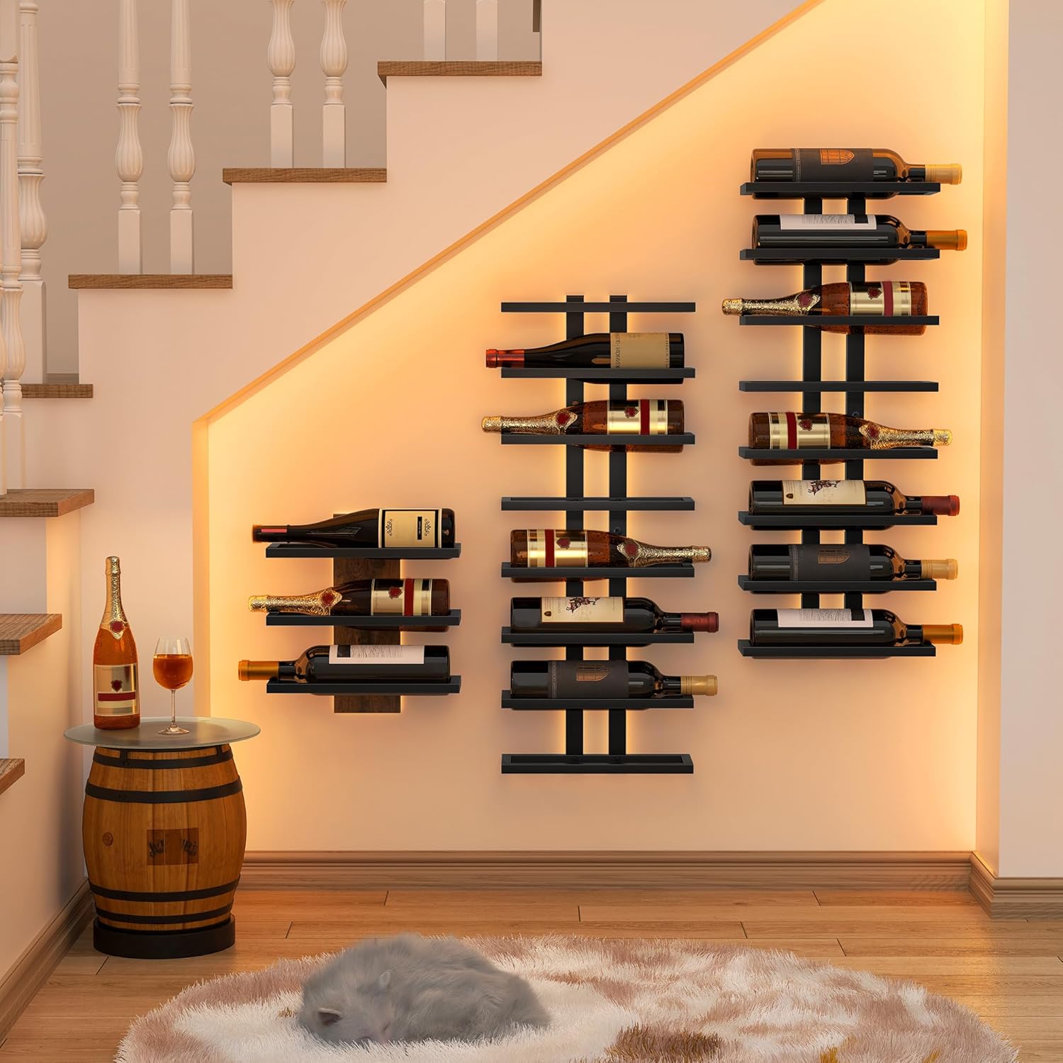 Hoctieon 3-Set 8 Tier Wall Wine Rack Display Storage Black