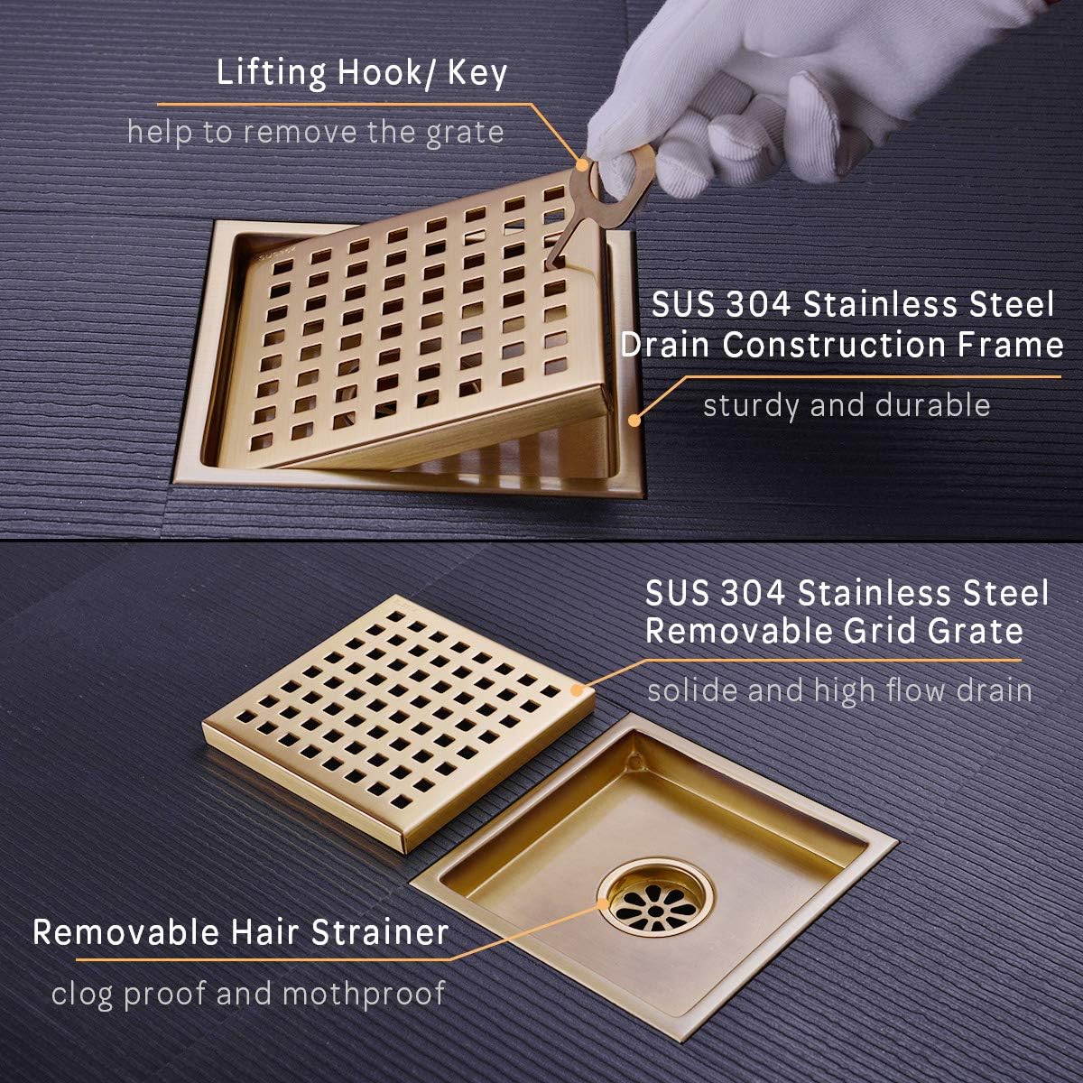 6 Square Stainless Steel Shower Drain with Brushed Gold Finish