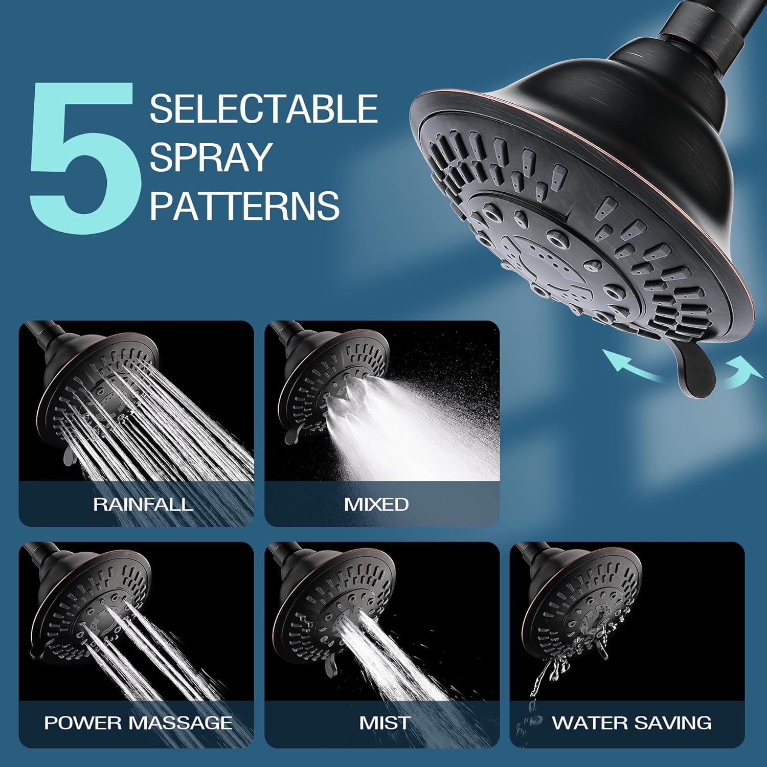 BRIGHT SHOWERS High Pressure Rain Showerhead with 5 Spray Settings