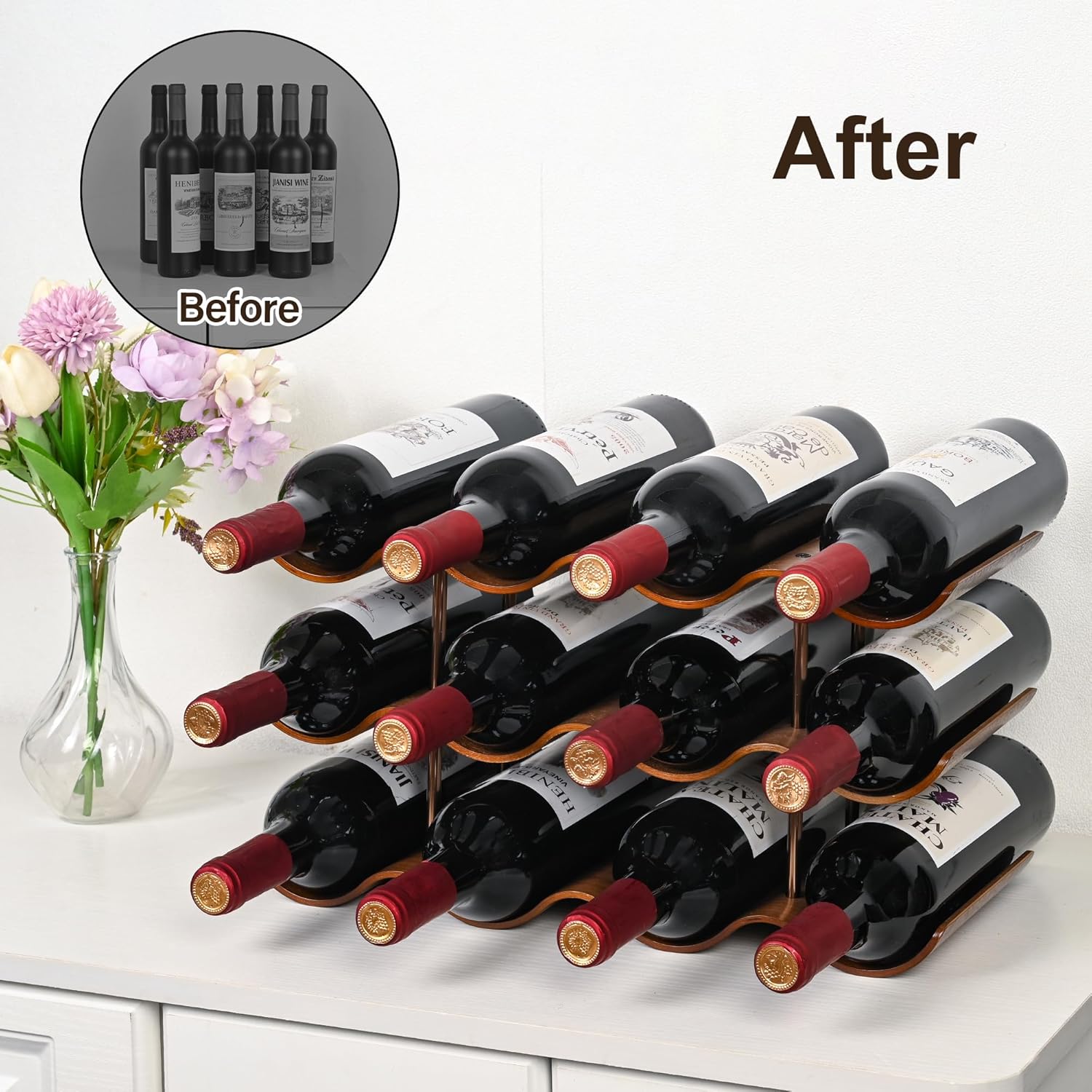 TRUDING 12-Bottle Tabletop Wine Rack - 3 Tier Walnut Wavy Storage Stand