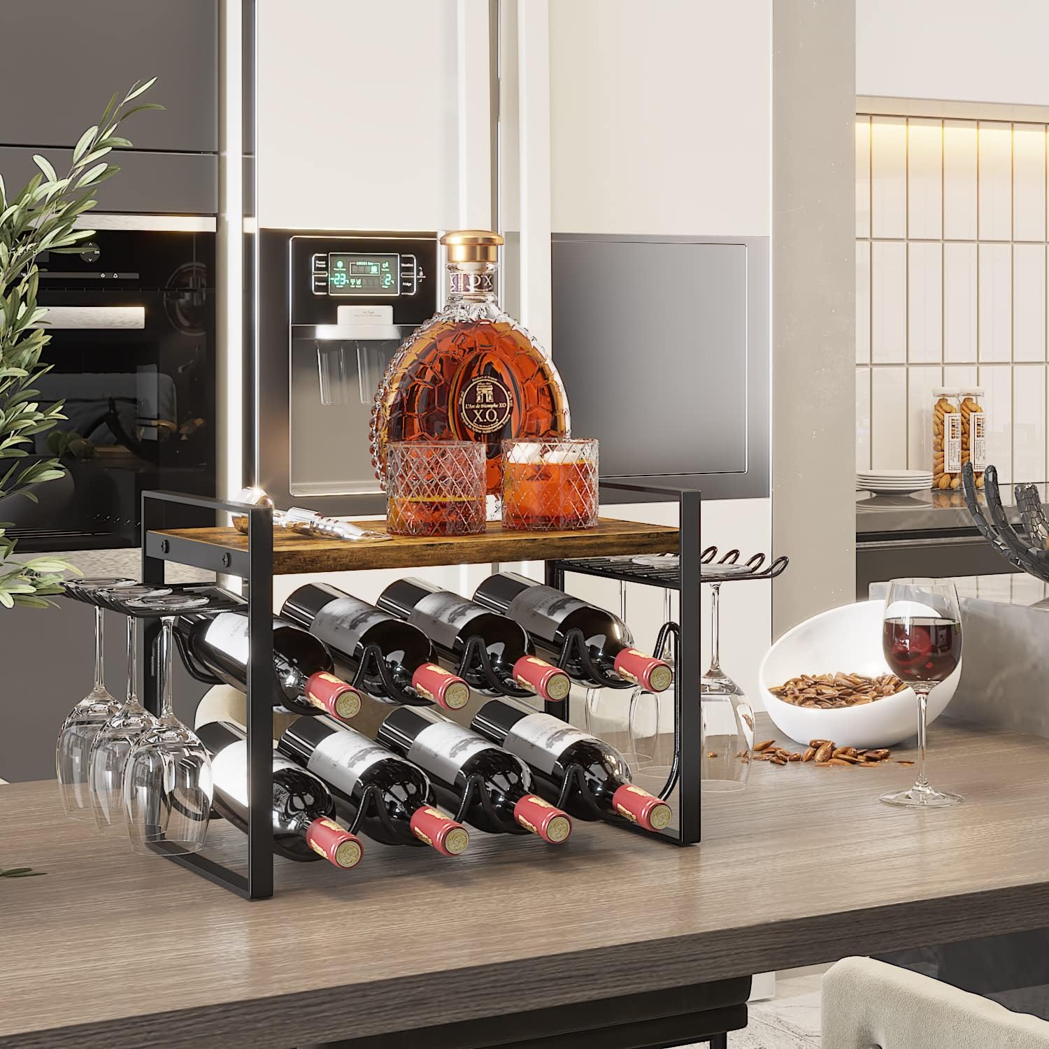 JAFUSI 8-Bottle Wine Rack with Wood Tray and Glasses Hooks