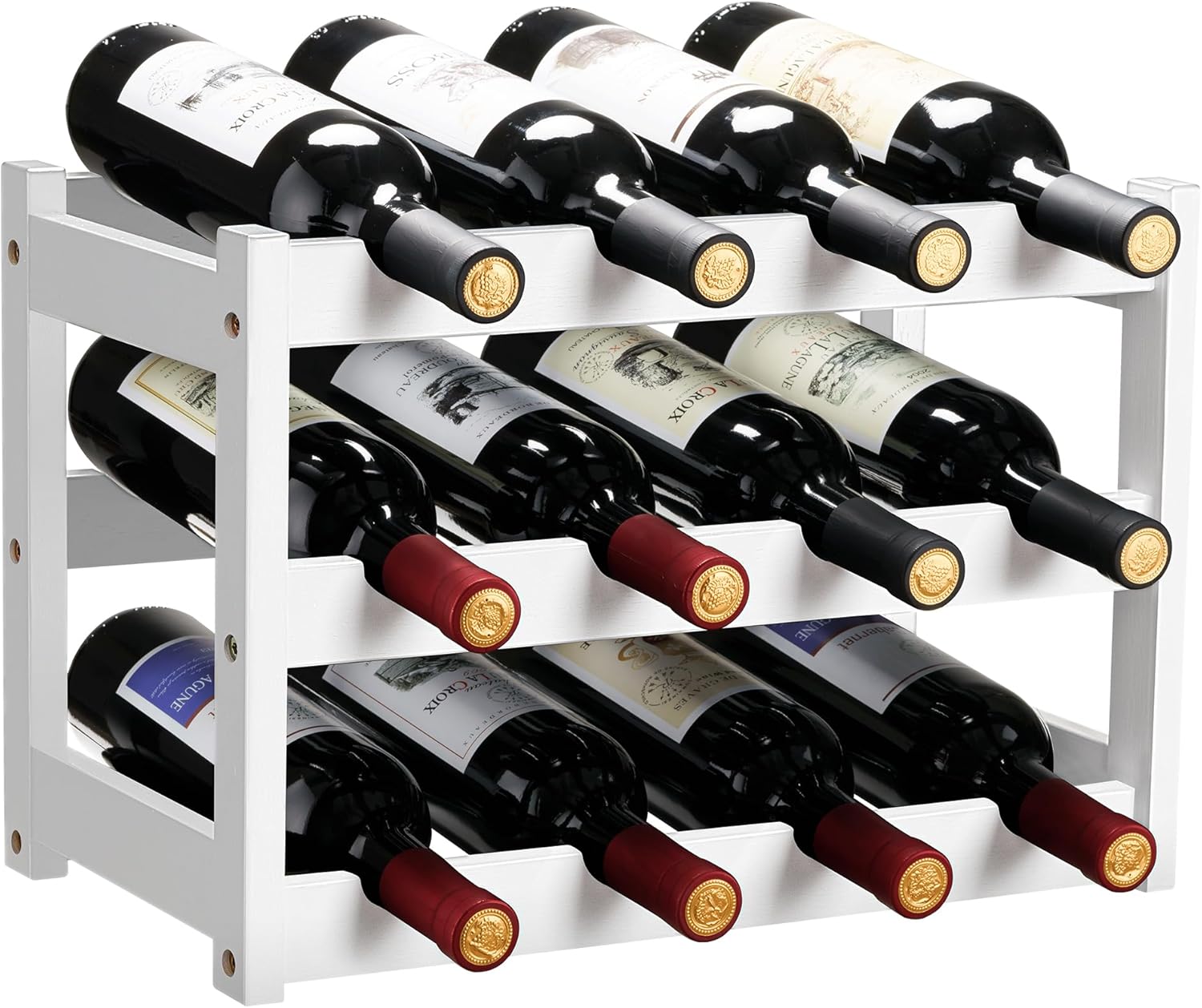 VASMIA Bamboo Wine Rack 3-Tier 12 Bottles White