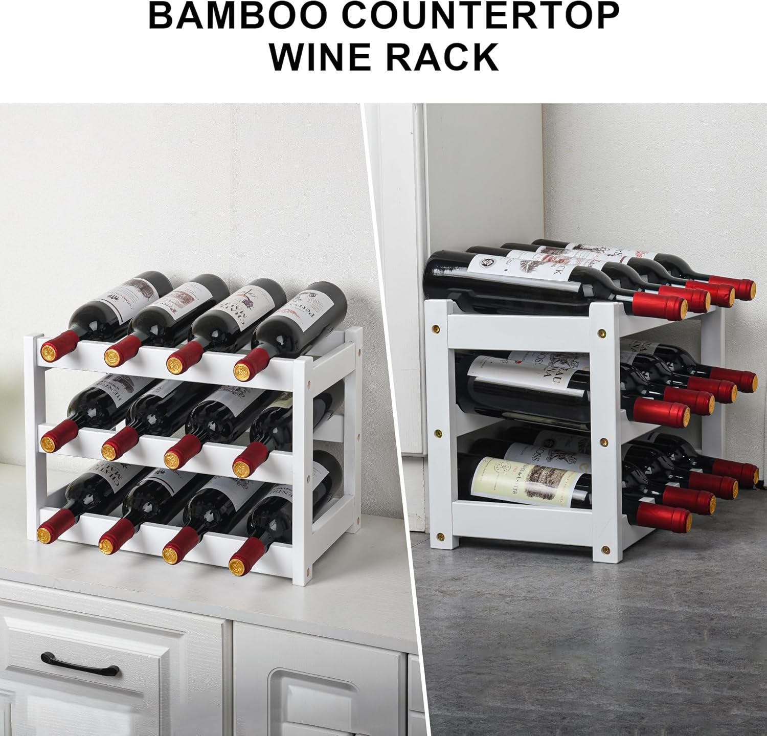 VASMIA Bamboo Wine Rack 3-Tier 12 Bottles White