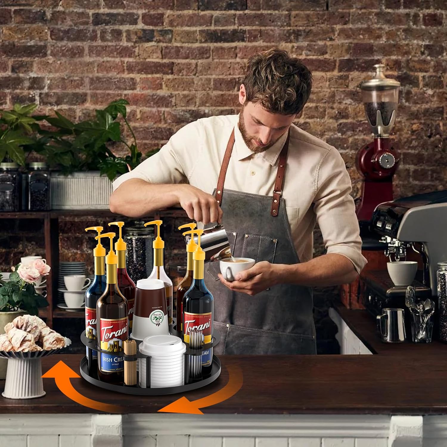 Coffee Syrup Organizer 8 Bottles with Rotating Holder and Stirrers