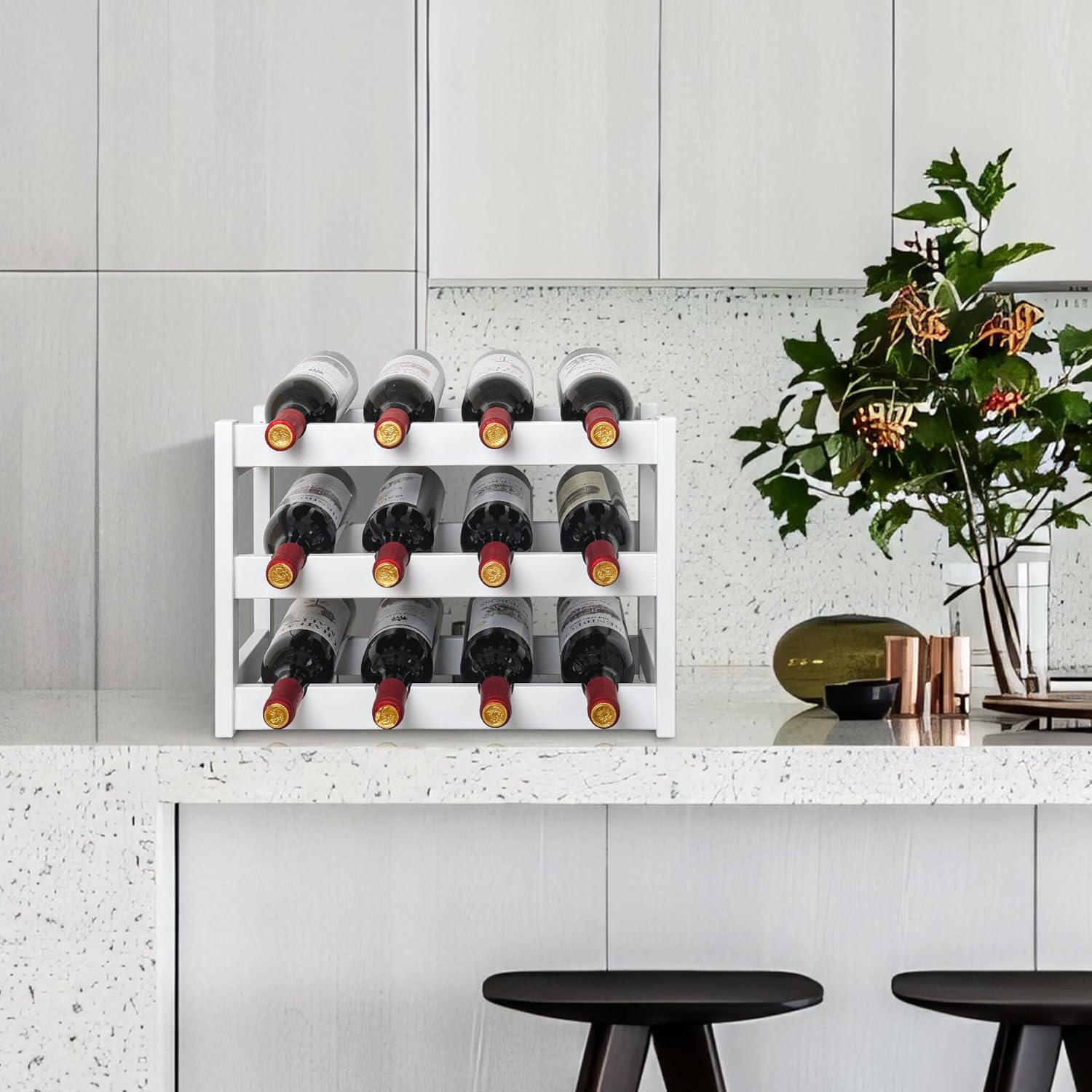 VASMIA Bamboo Wine Rack 3-Tier 12 Bottles White