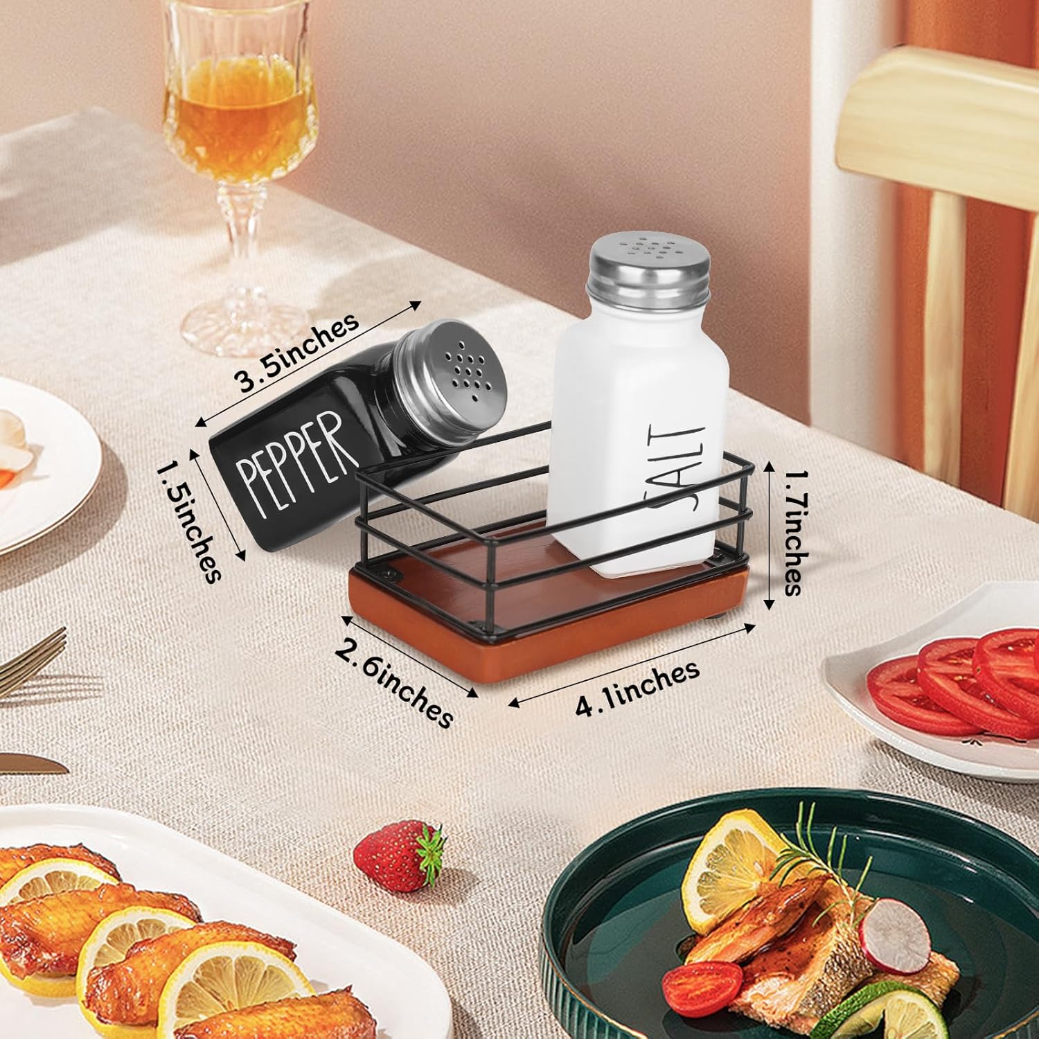 Cute Farmhouse Salt Pepper Shaker Set with Wooden Holder