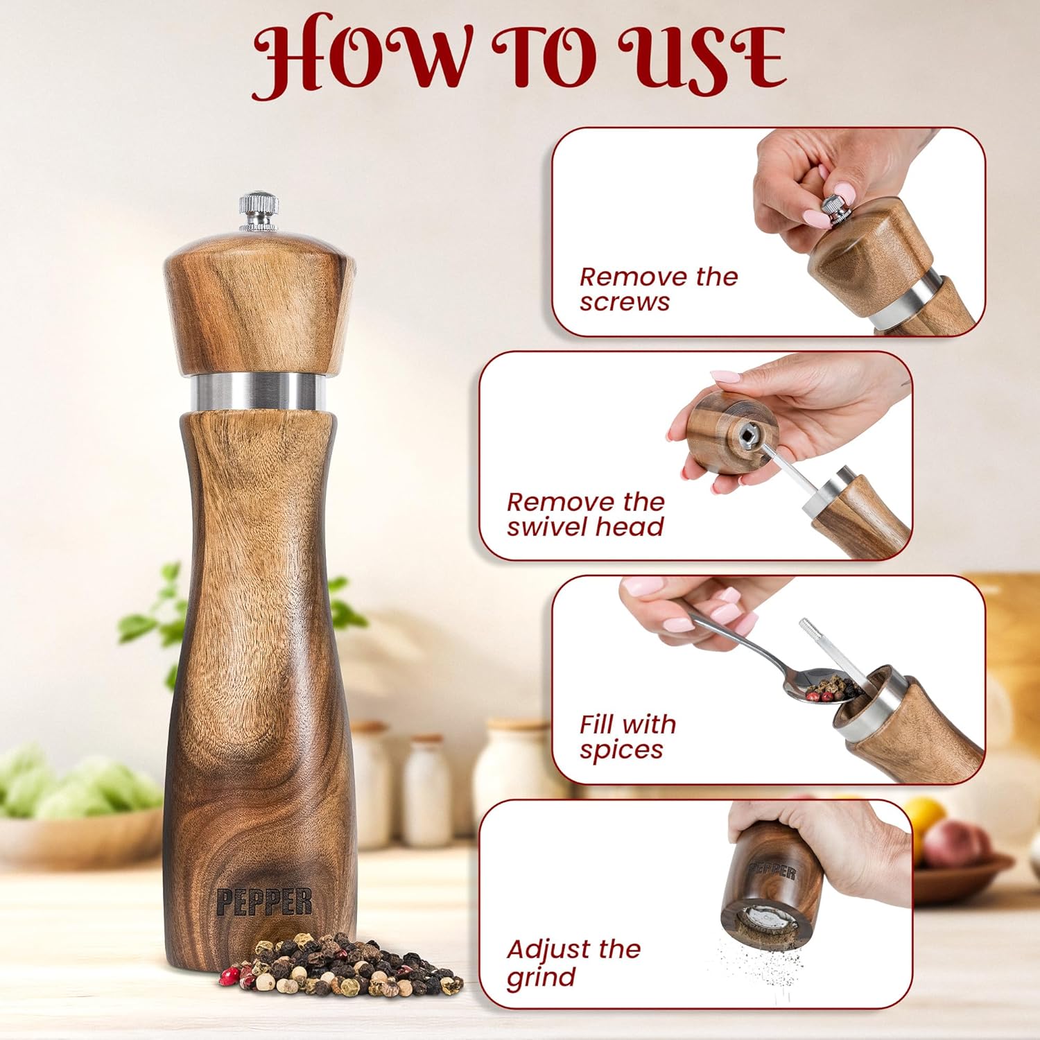 Acacia Wood Salt Pepper Grinder Set
