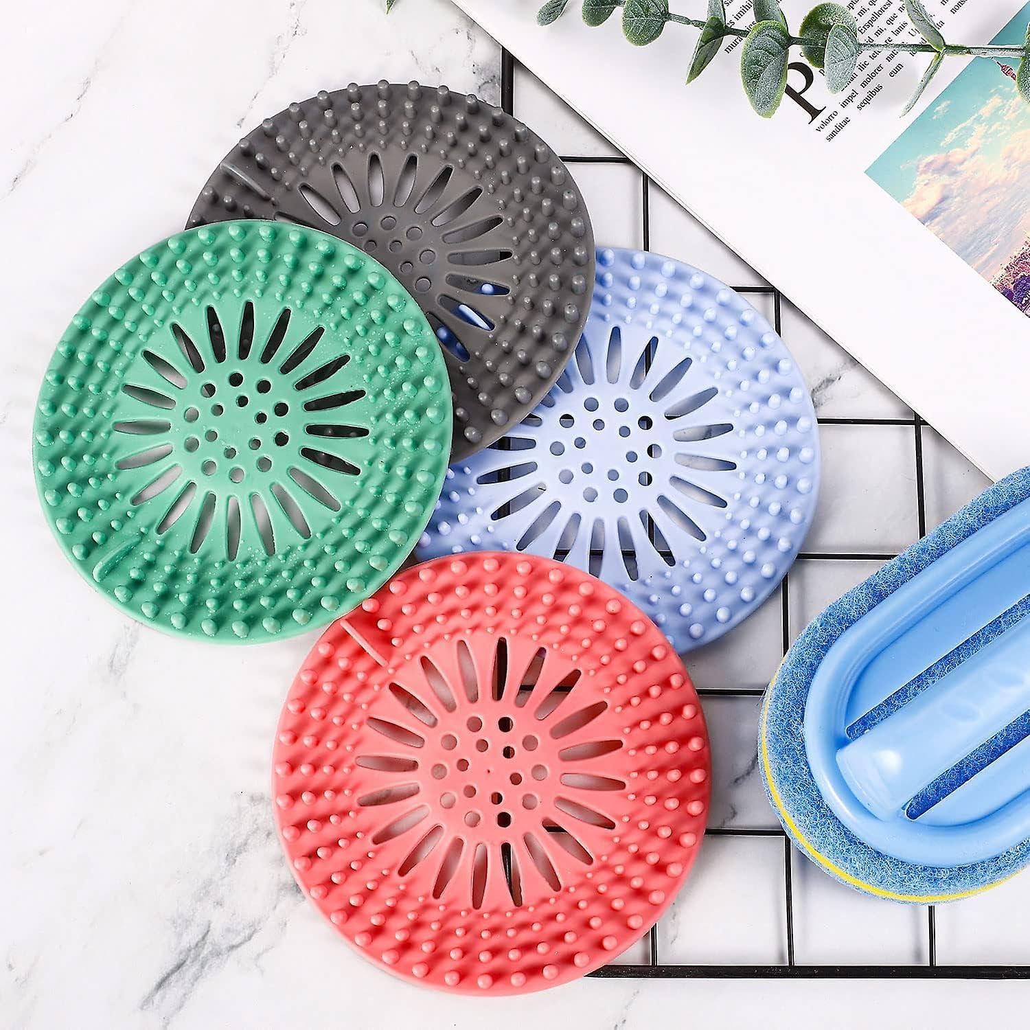 Pack of 6 Silicone Hair Catcher for Bath and Kitchen Drains