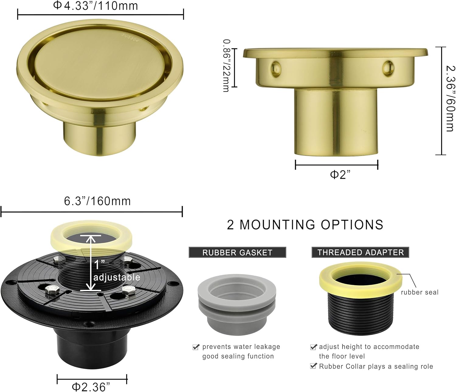 4 Inch Brushed Gold Shower Drain with Tile Insert
