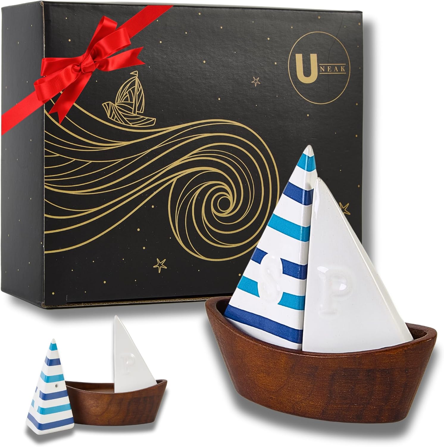 UNEAK Handcrafted Ceramic Sailboat Salt and Pepper Set