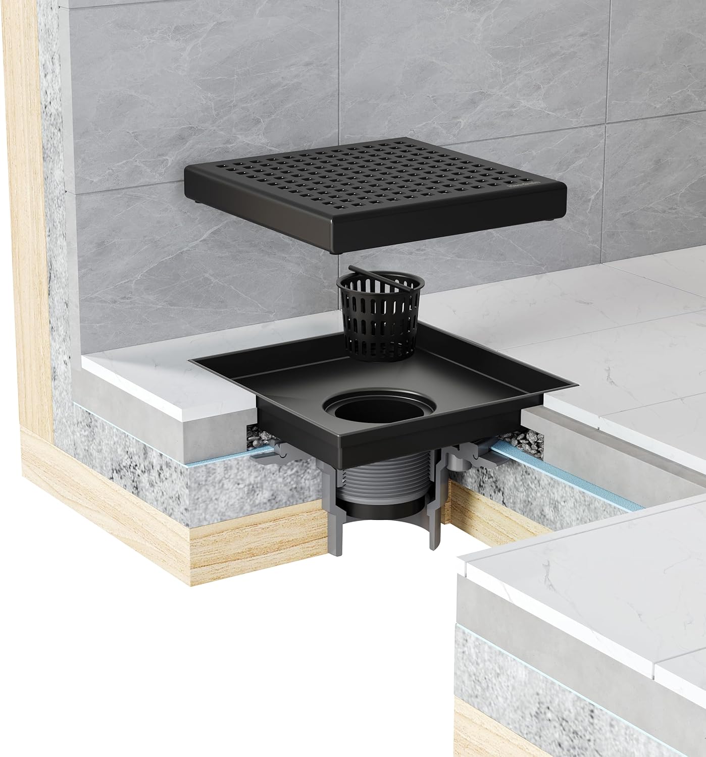 Neodrain 6 Inch Square Shower Drain with Matte Black Grate 1