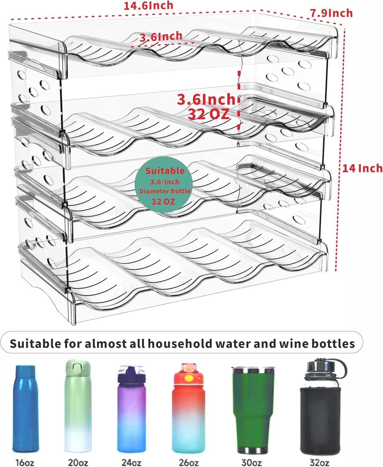Clear Water Bottle Organizer with 4 Tiers Stackable Design