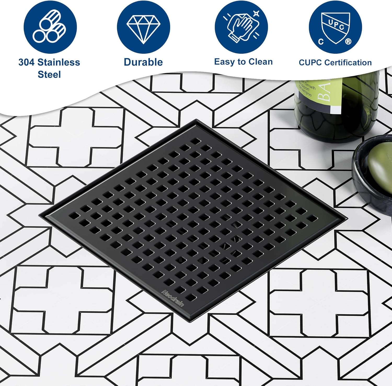 Neodrain 6 Inch Square Shower Drain with Matte Black Grate 1
