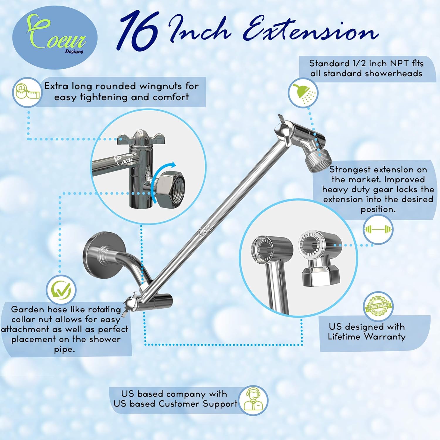 16-Inch Brass Shower Arm Extension with Locking Gear