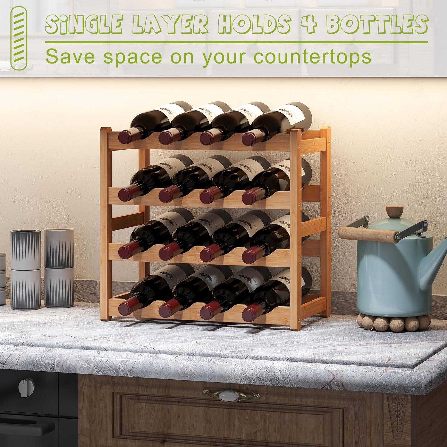 BMOSU 4-Tier Bamboo Wine Rack with 16 Bottle Capacity