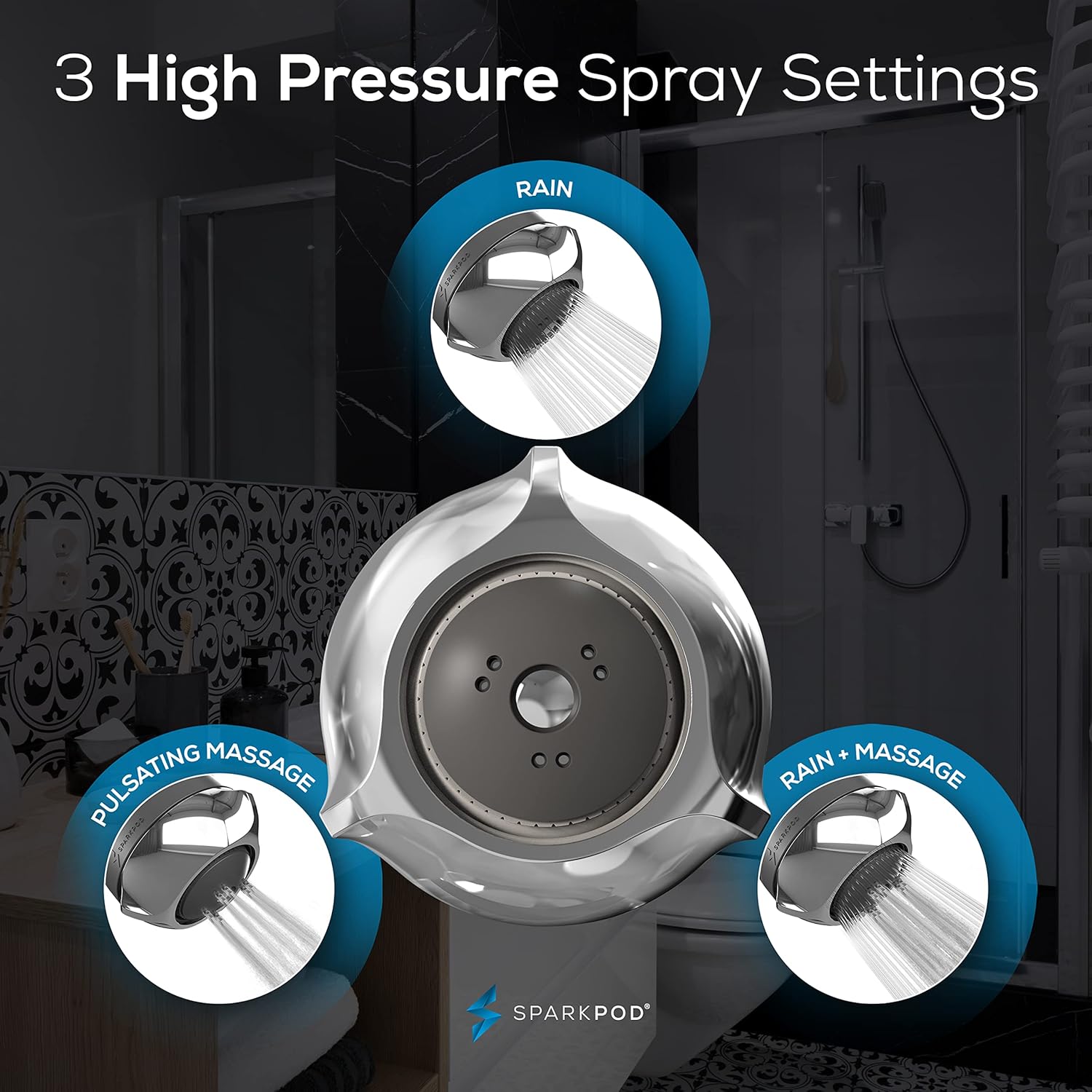 SparkPod 3 Inch High Pressure Shower Head with Rain Massage Settings
