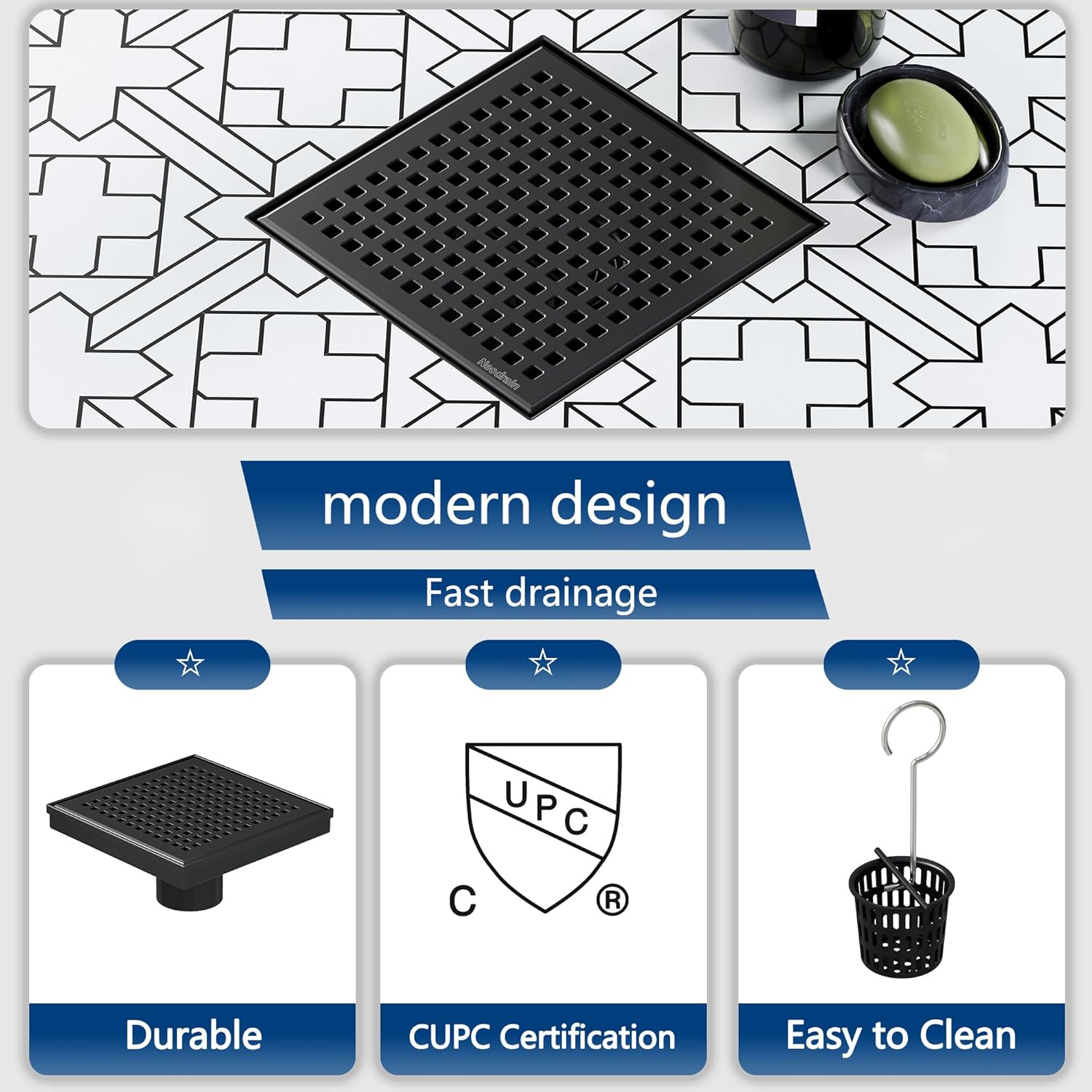 Neodrain 6 Inch Square Shower Drain with Matte Black Grate 1