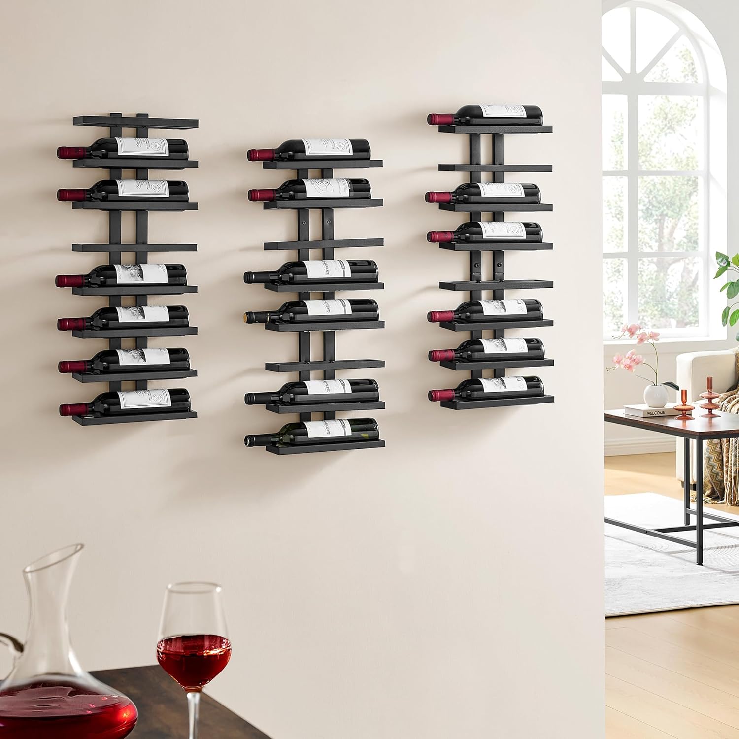 Hoctieon 3-Set 8 Tier Wall Wine Rack Display Storage Black