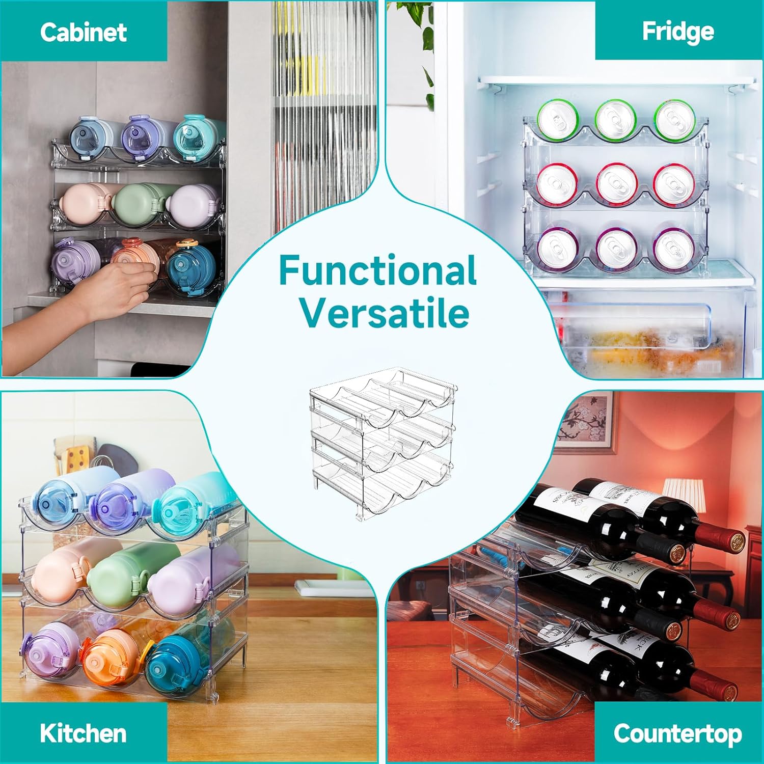 3 Pack Stackable Water Bottle Storage Rack for Kitchen Fridge