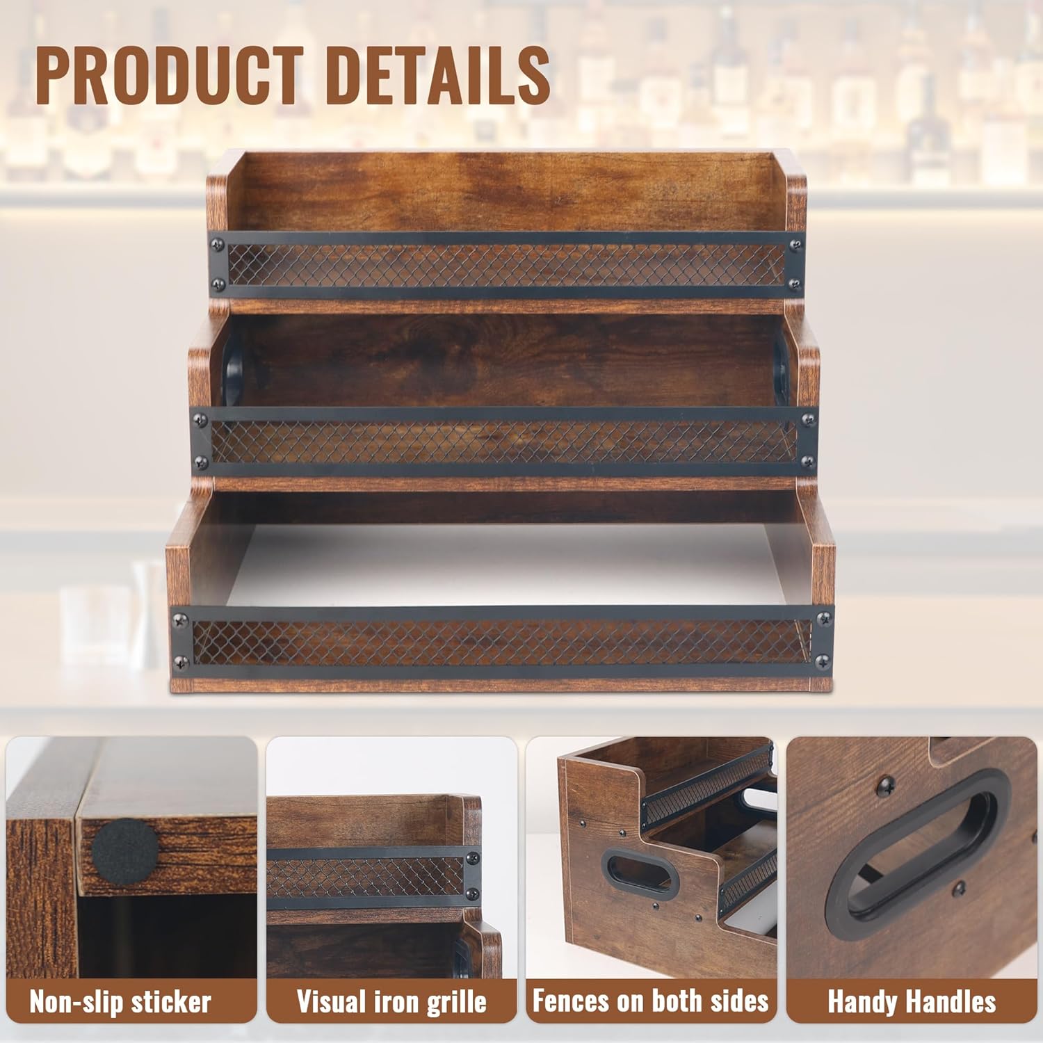 Alyoen 3 Tier Liquor Wine Rack with Fences Handles